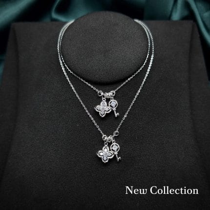 Dây chuyền bạc nữ charm hoa và chìa khóa đính đá