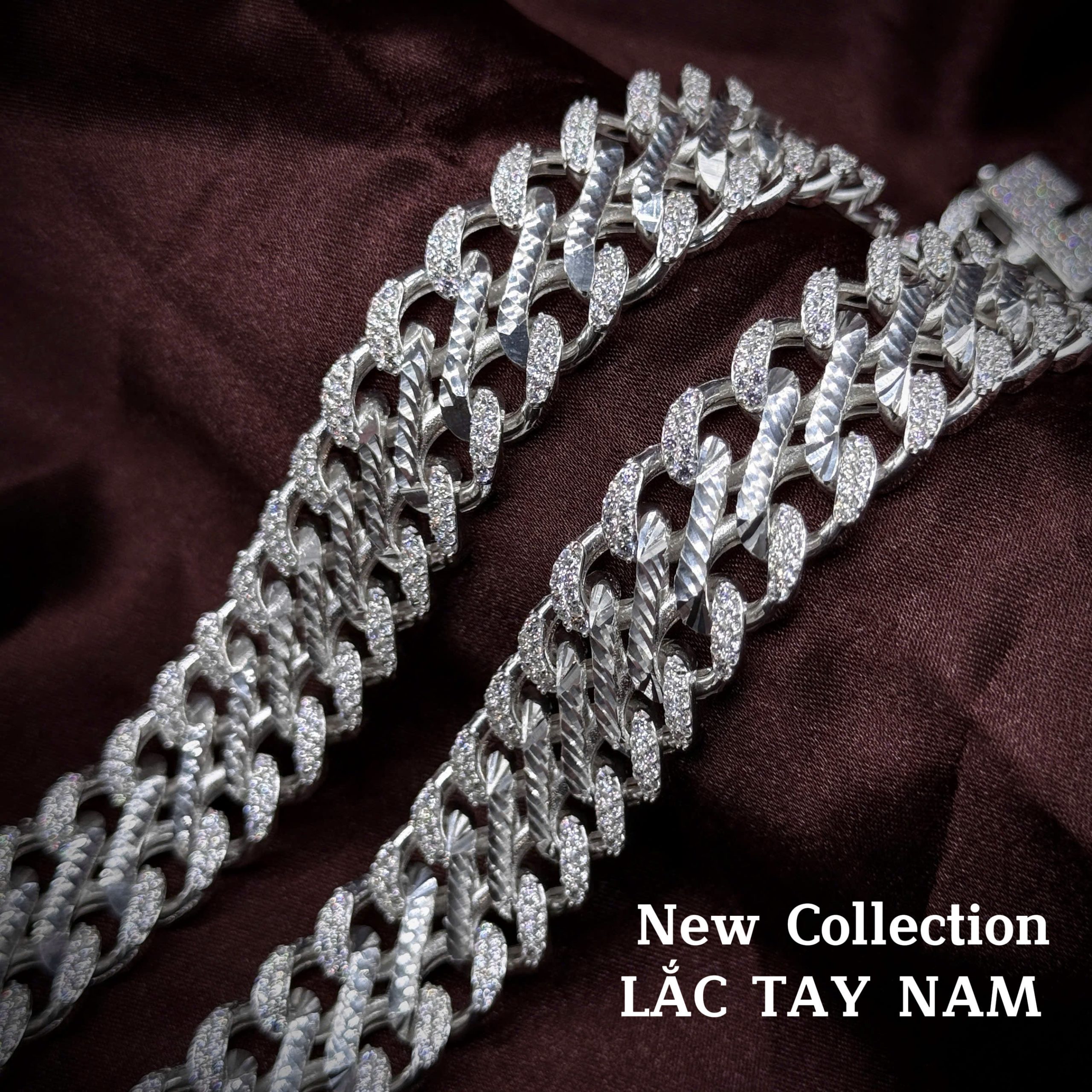 lắc tay bạc nam mắt xích kép đính đá bản lớn