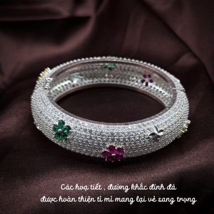 vòng tay bạc thiết kế Luxury VIP hoa sắc màu bản lớn đính đá sang trọng