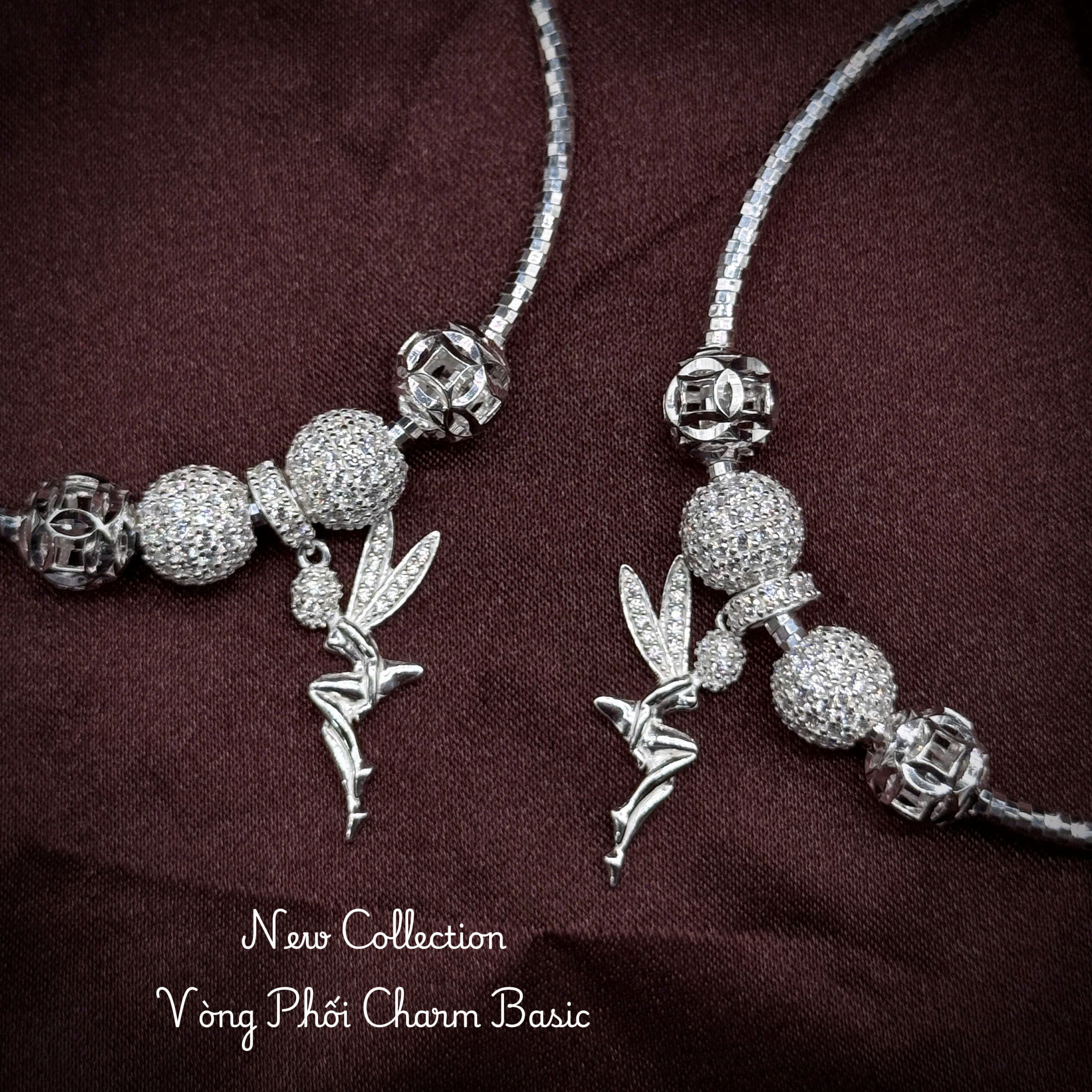 vòng tay bạc phối charm Basic với charm bi và mặt nàng tiên thanh lịch