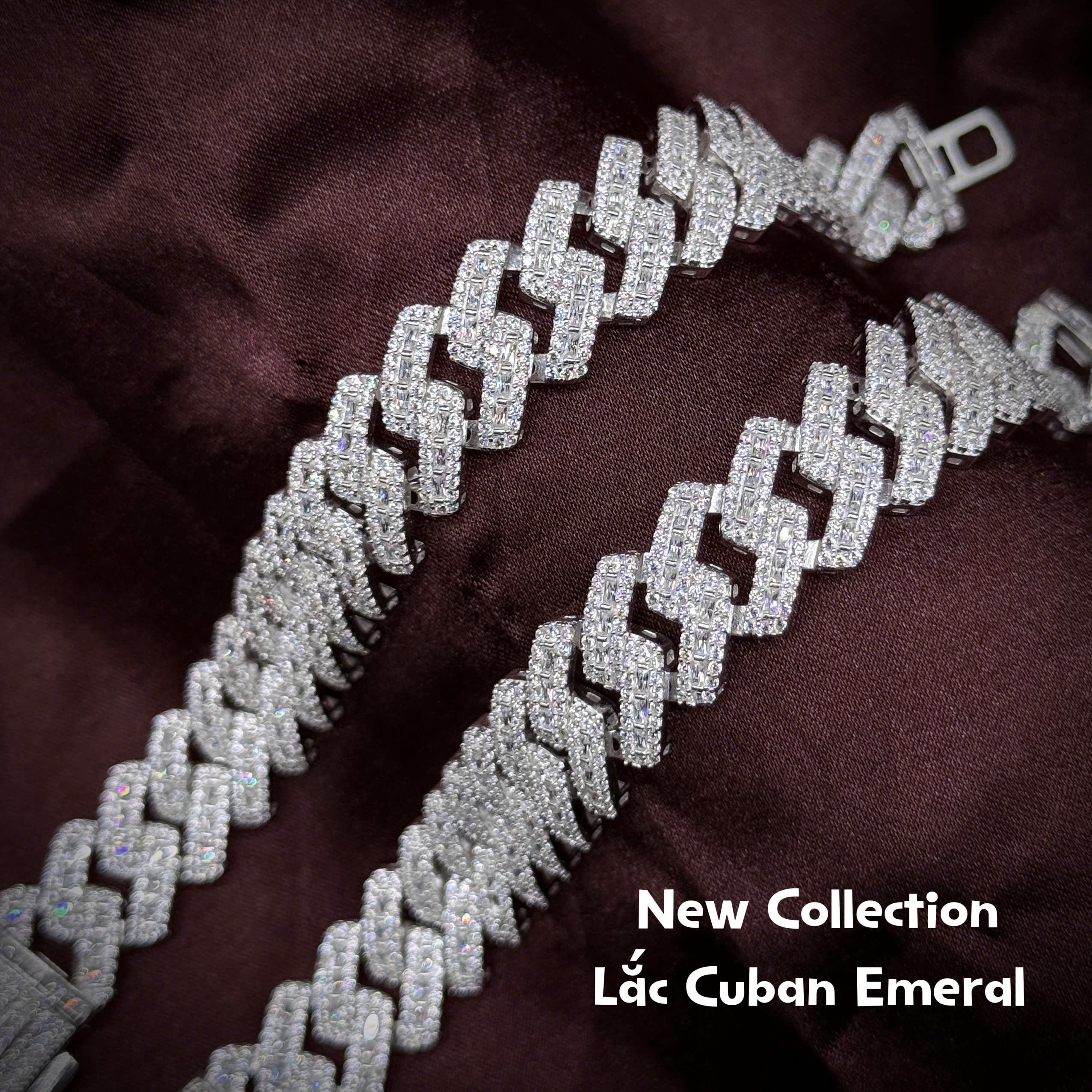 lắc tay bạc nam Cuban Emerald đính đá bản lớn