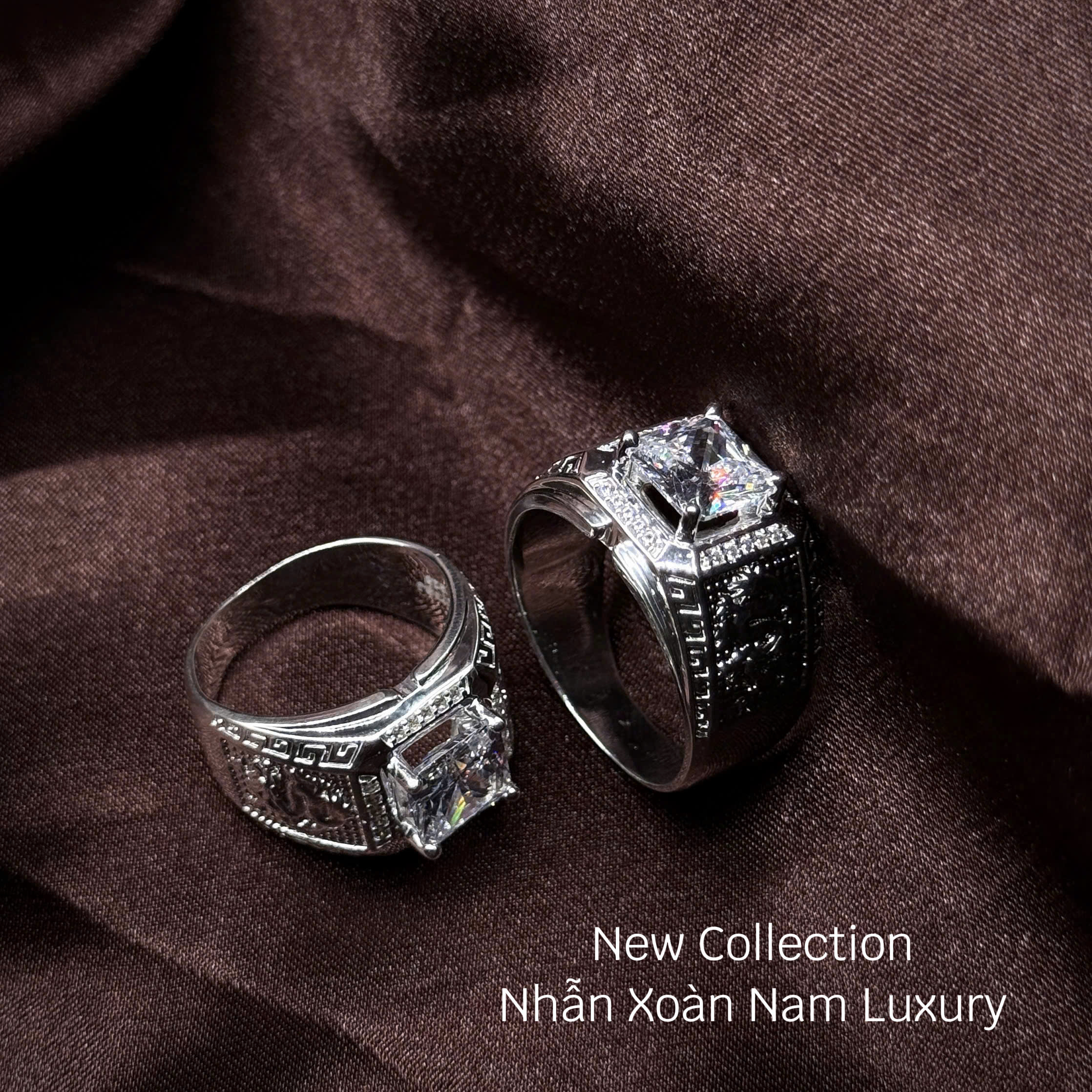 nhẫn bạc nam xoàn Luxury mặt vuông họa tiết cổ điển