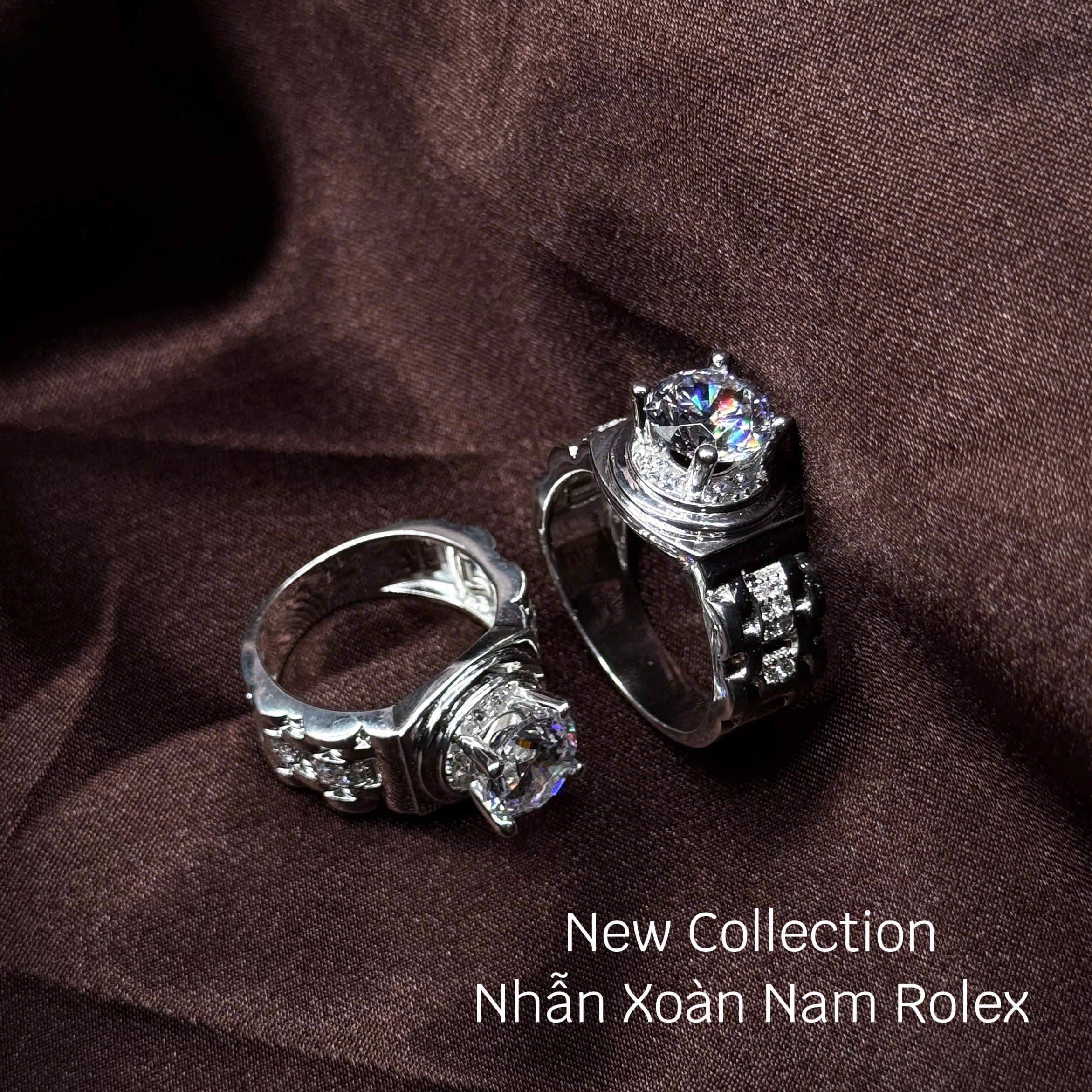 nhẫn bạc nam xoàn phong cách Rolex bản lớn đá chủ tròn