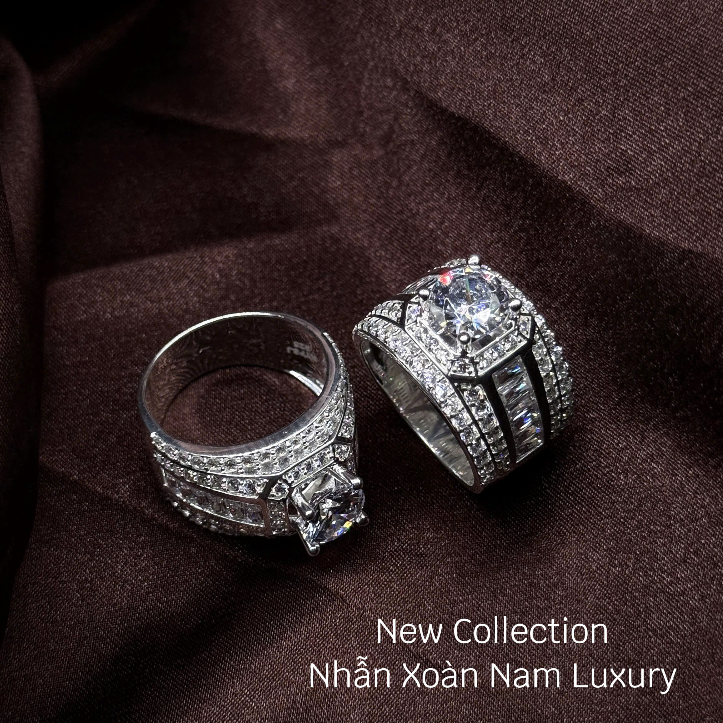 nhẫn bạc nam xoàn Luxury mặt bát giác phối đá baguette