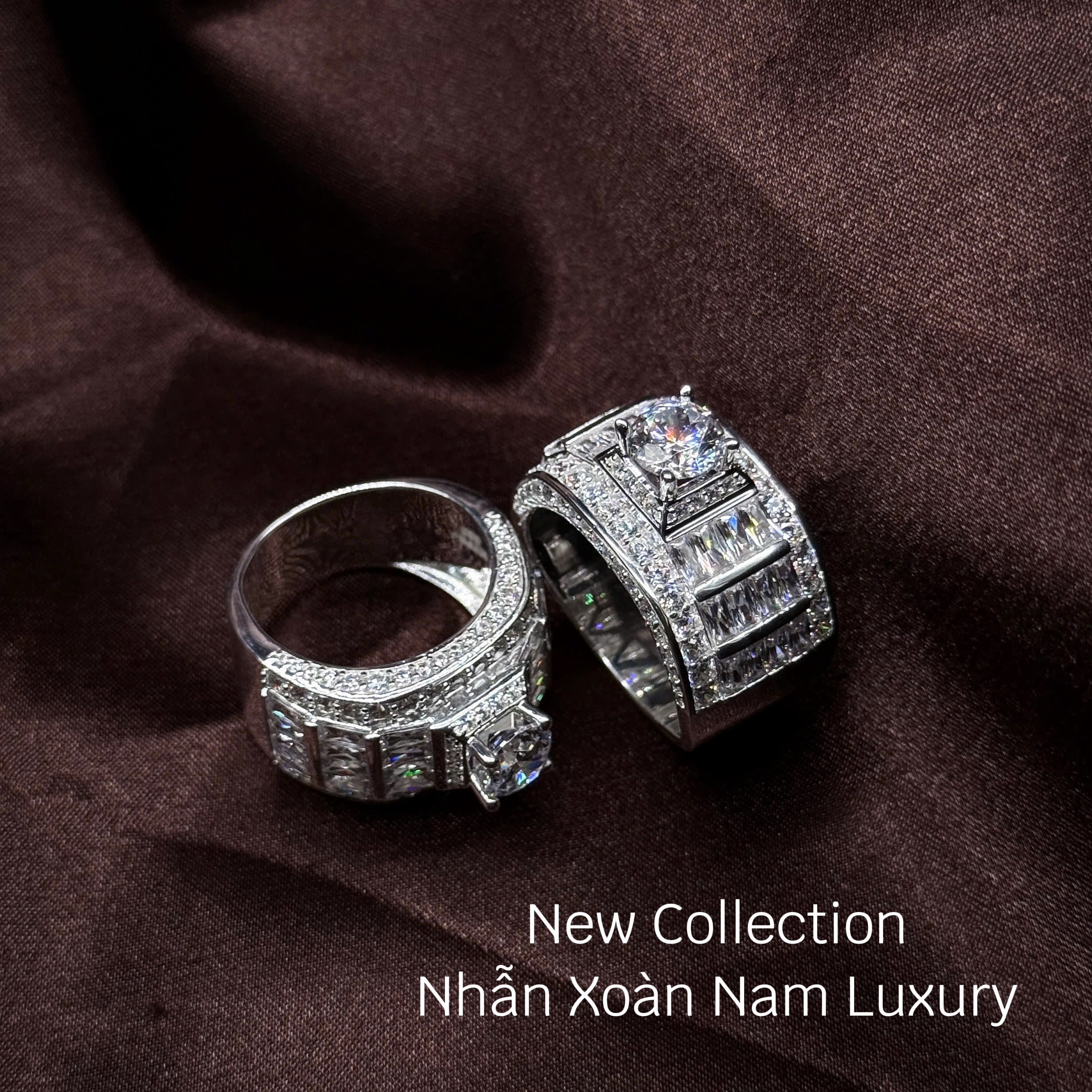 nhẫn bạc nam xoàn Luxury mặt vuông phối đá baguette xếp tầng