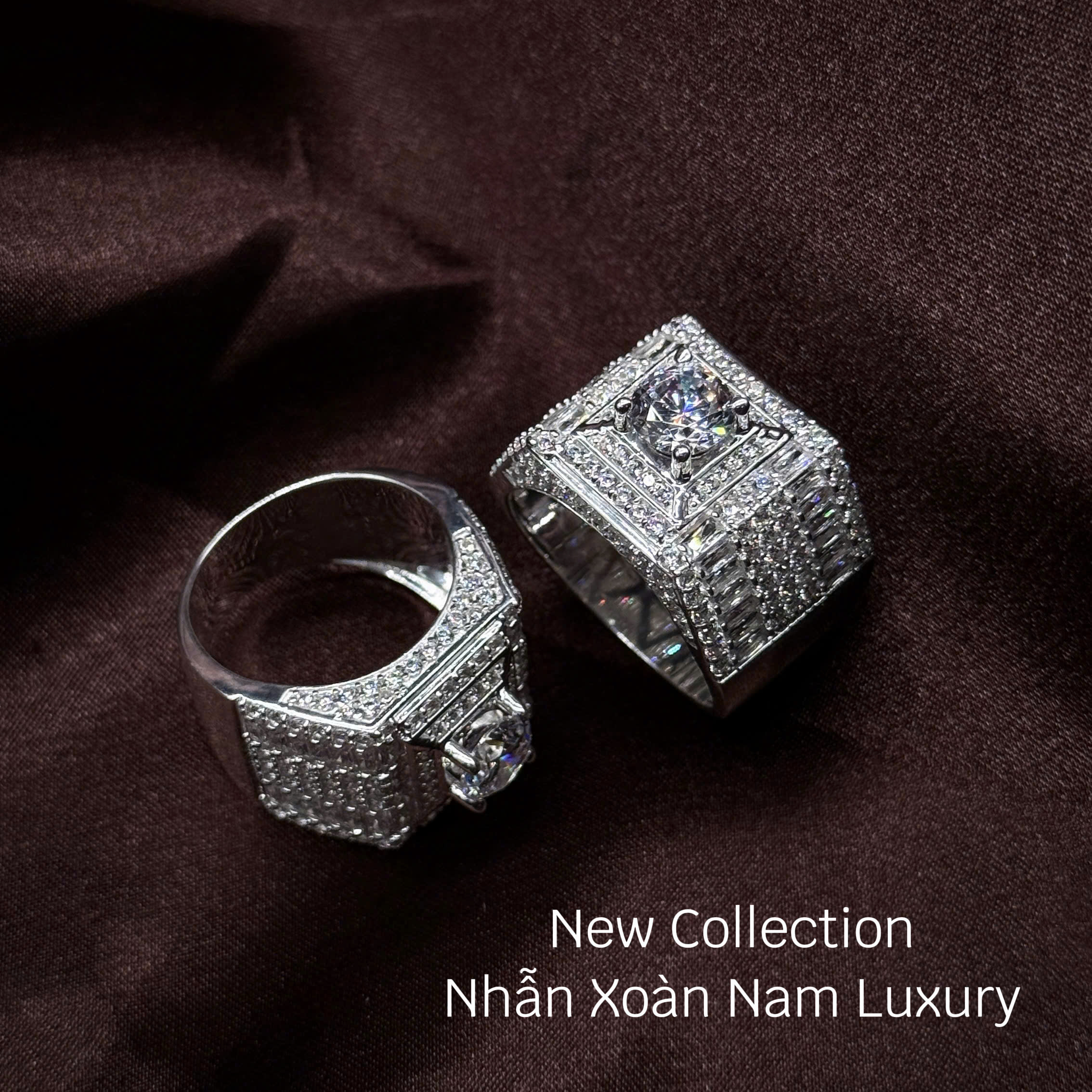nhẫn bạc nam xoàn Luxury mặt vuông kim tự tháp phối đá baguette