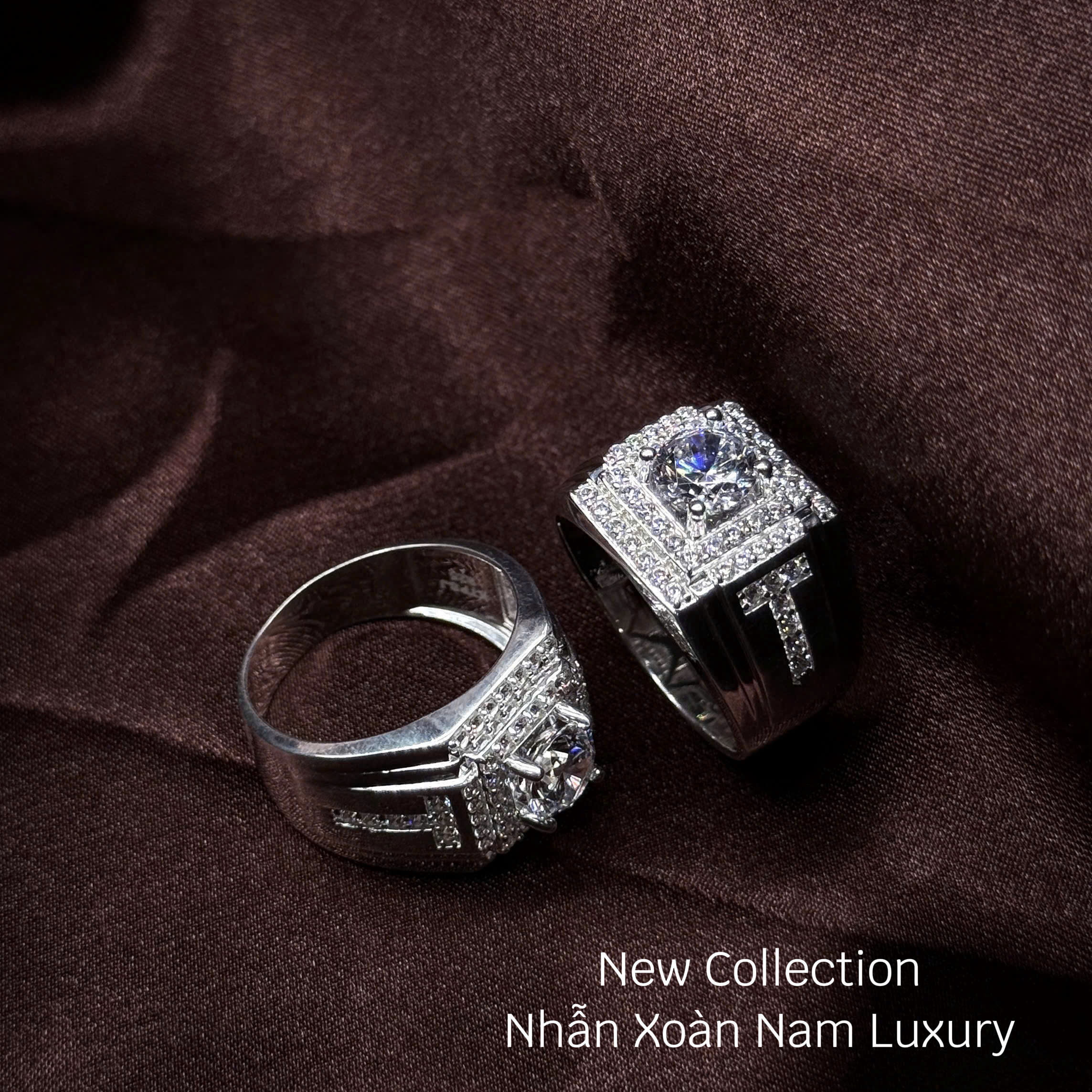 nhẫn bạc nam xoàn Luxury mặt vuông ba tầng thân bản lớn
