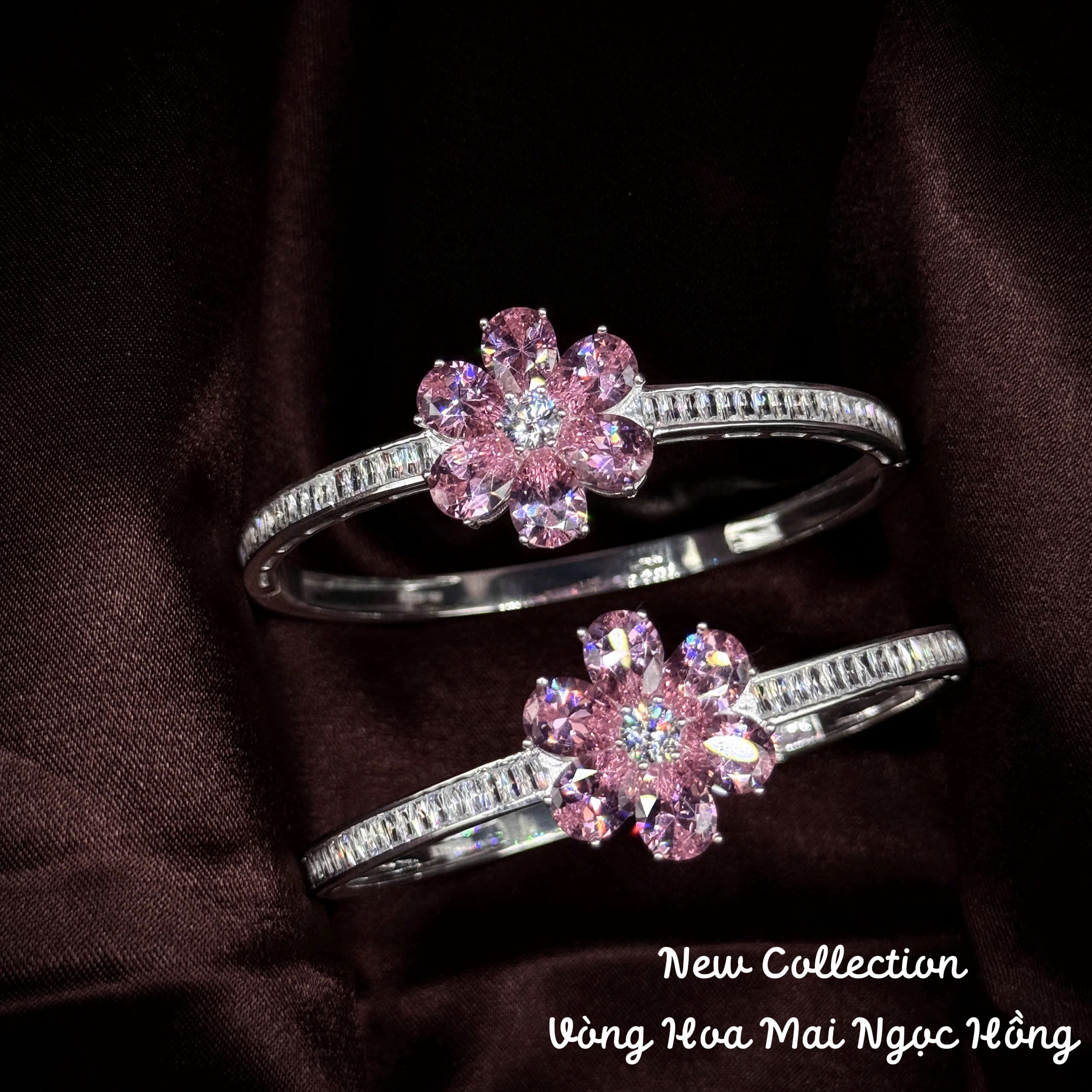 vòng tay bạc hoa mai ngọc hồng đính đá sang trọng