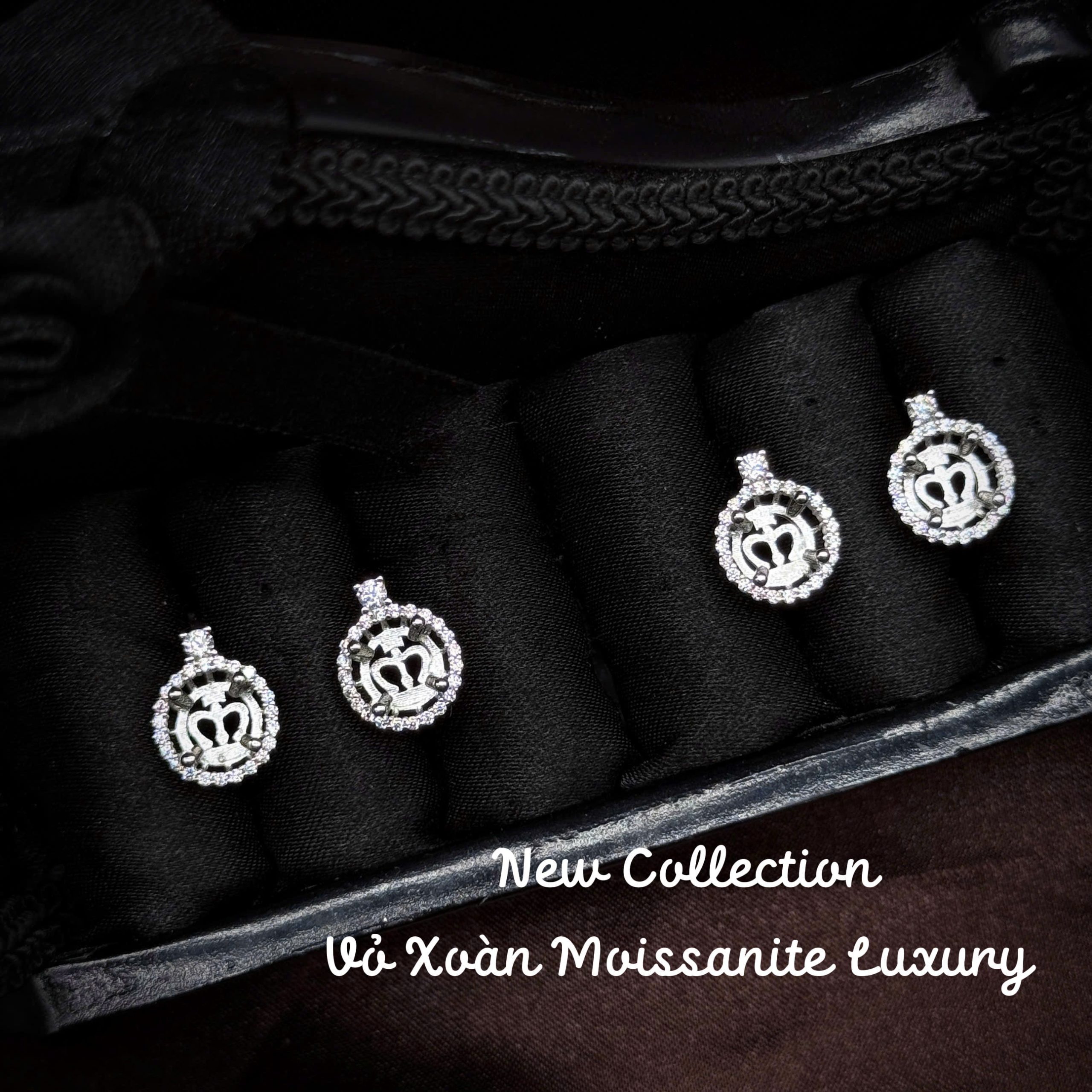 vỏ bông tai Moissanite halo tròn Luxury chừa ổ gắn đá