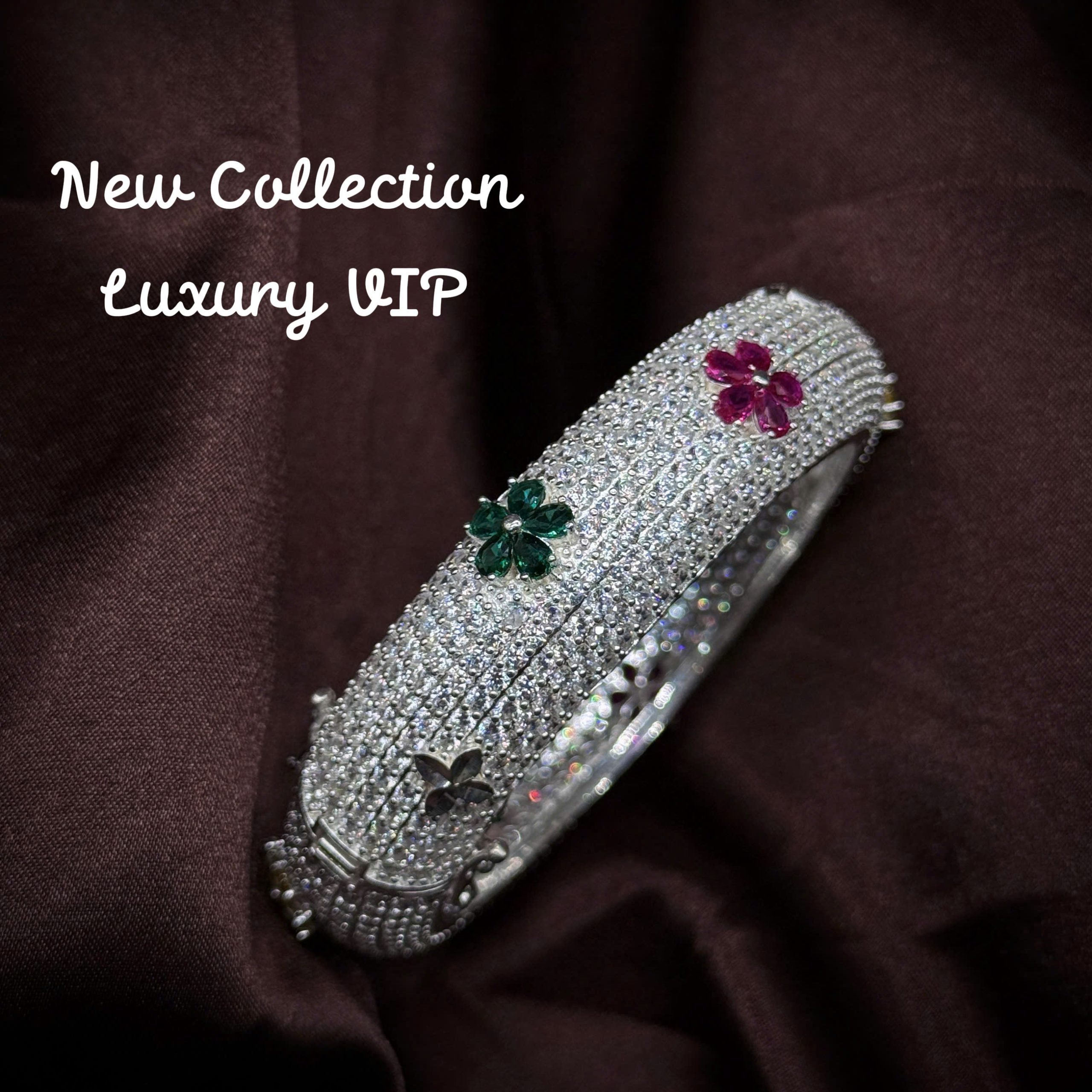 vòng tay bạc thiết kế Luxury VIP hoa sắc màu bản lớn đính đá sang trọng
