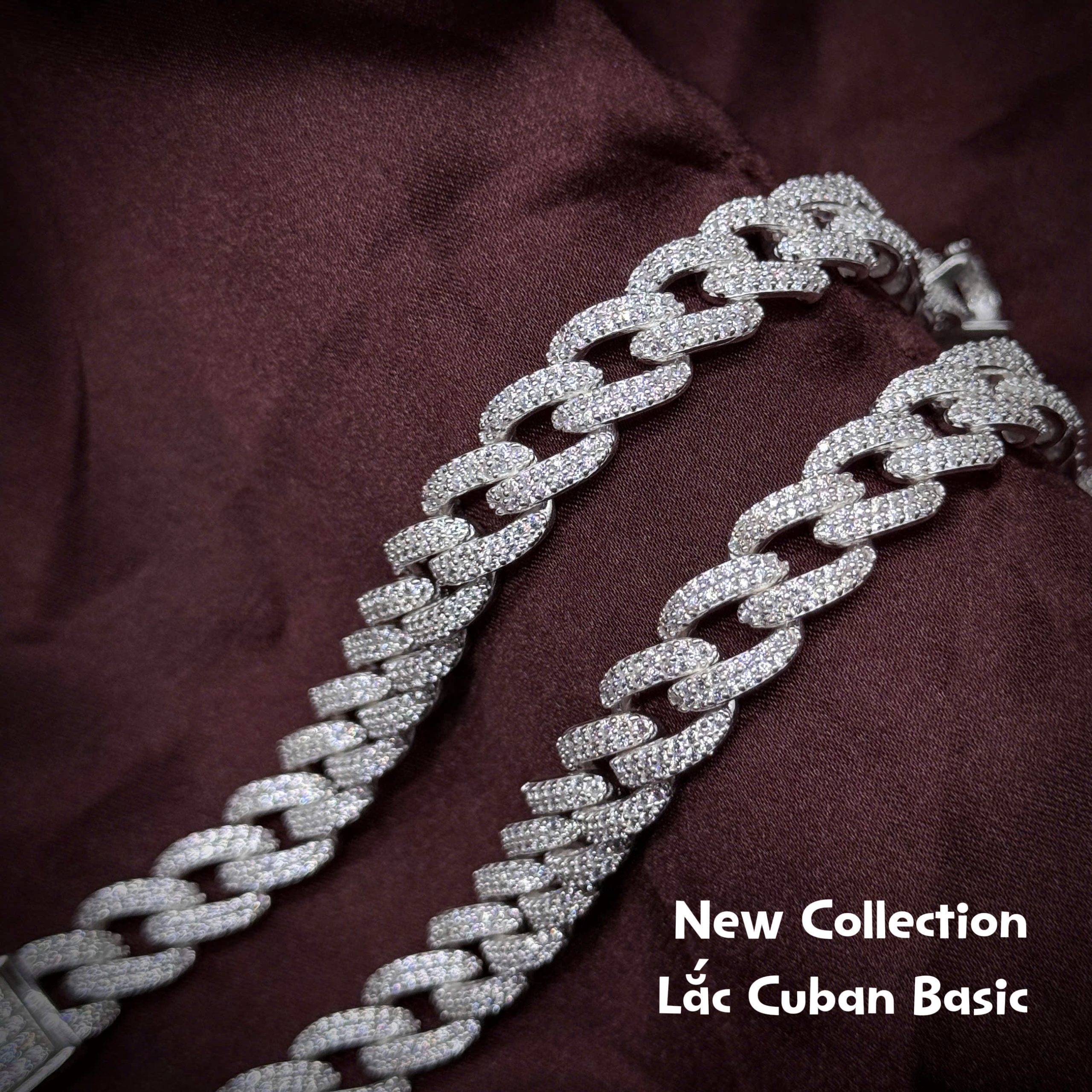 lắc tay bạc nam Cuban Basic đính đá bản lớn