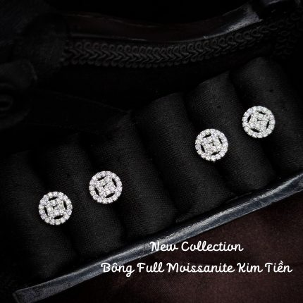 vỏ bông tai Moissanite kim tiền full đá hình tròn