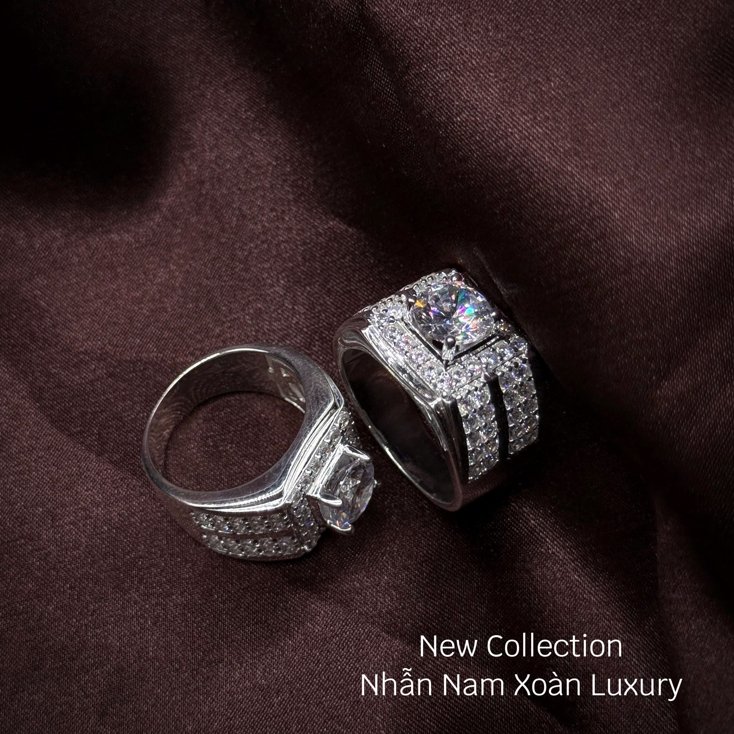 nhẫn bạc nam xoàn Luxury mặt vuông hai nhánh đính đá