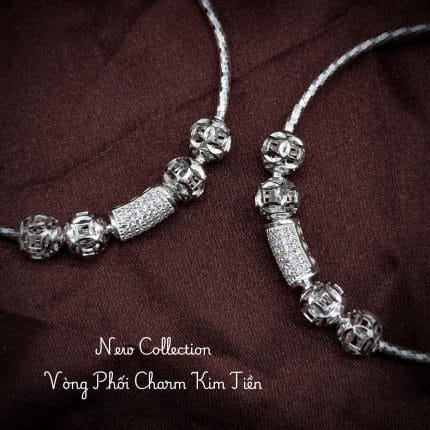 vòng tay bạc phối charm Kim Tiền với charm bi cắt giác và charm ống đính đá