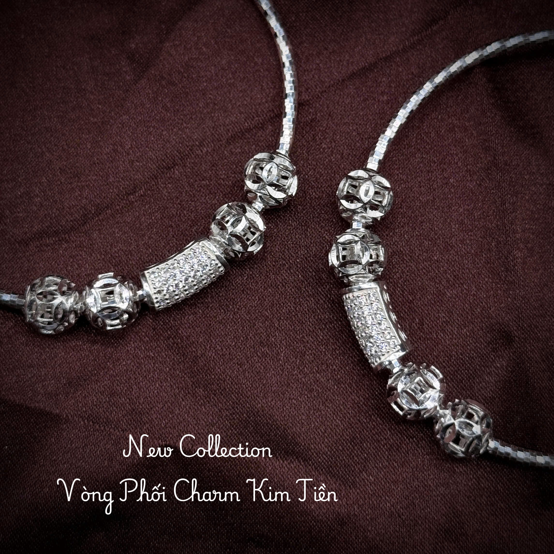 3 vòng tay bạc phối charm Kim Tiền với charm bi cắt giác và charm ống đính đá