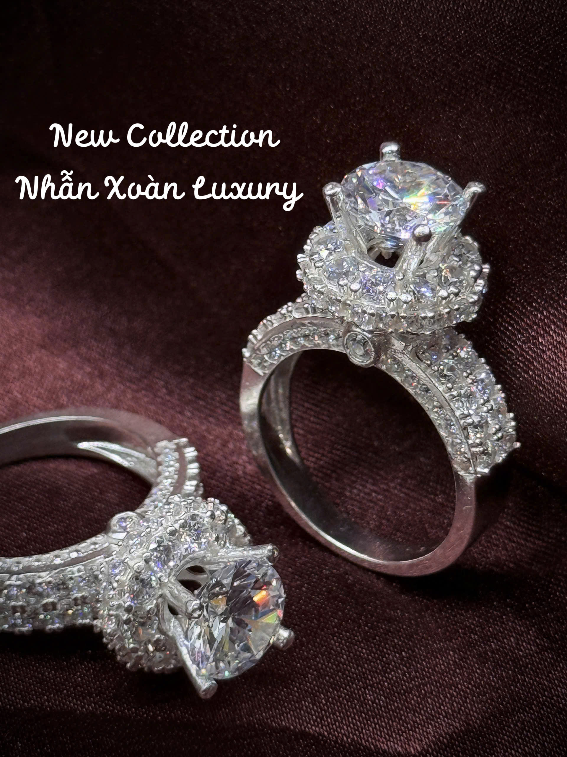 3 nhẫn bạc Xoàn Luxury đá chủ lớn viền đá sáng sang trọng