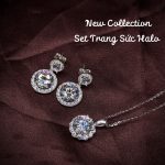 bộ trang sức bạc Halo 9 ly gồm bông tai và mặt dây đính đá sang trọng