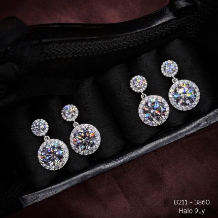 bộ trang sức bạc Halo 9 ly gồm bông tai và mặt dây đính đá sang trọng