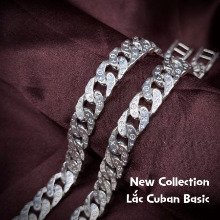 lắc tay bạc nam Cuban Basic chạm họa tiết bản lớn