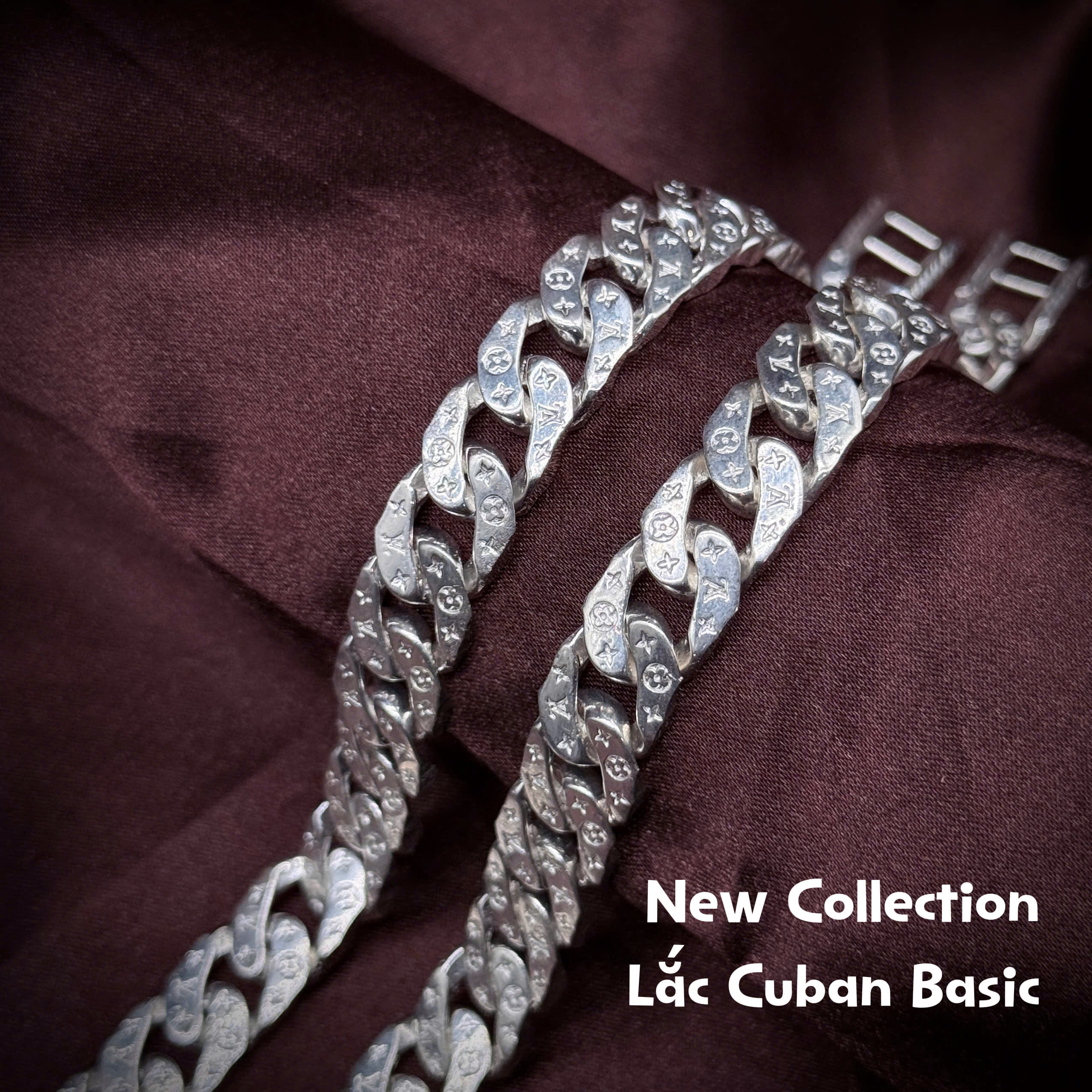 lắc tay bạc nam Cuban Basic chạm họa tiết bản lớn
