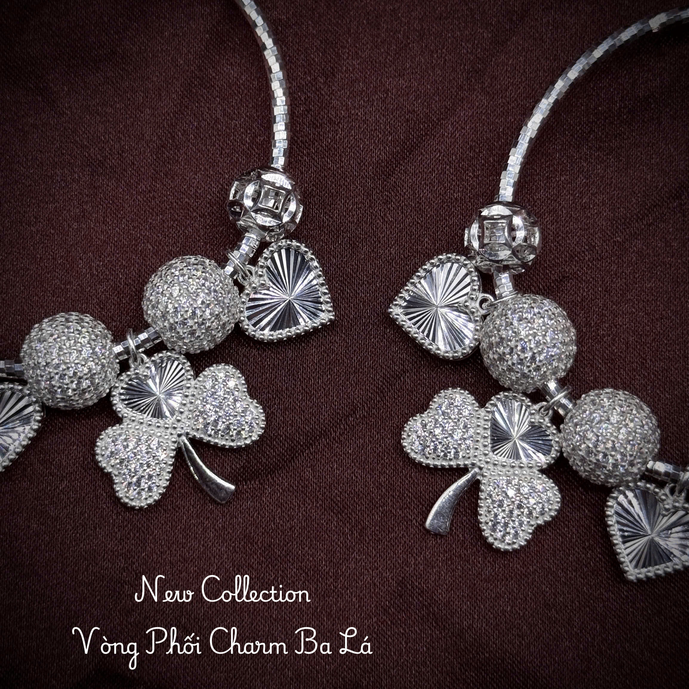 vòng tay bạc phối charm Ba Lá với charm cỏ ba lá charm tim và hạt bi sáng