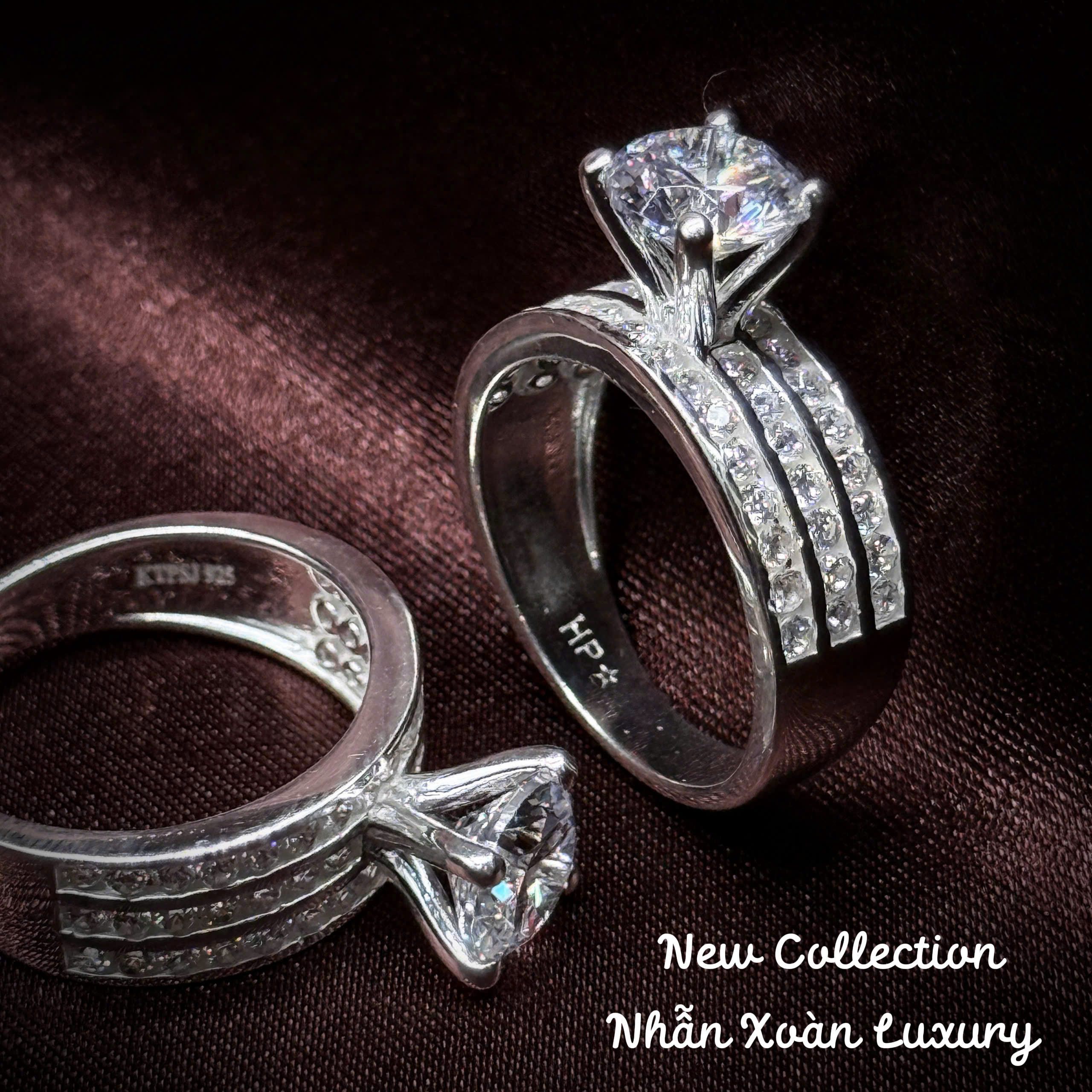5 nhẫn bạc nữ Luxury thân ba hàng đính xoàn sang trọng