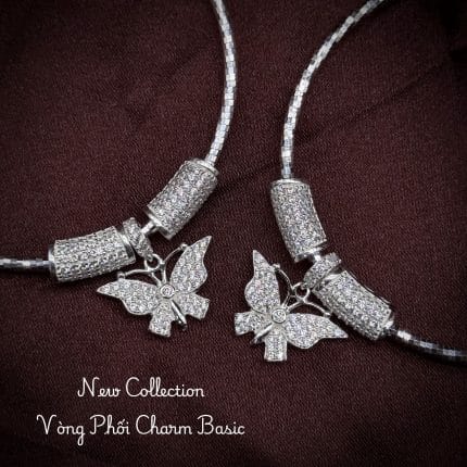 vòng tay bạc phối charm Basic cánh bướm với charm ống đính đá sáng đẹp