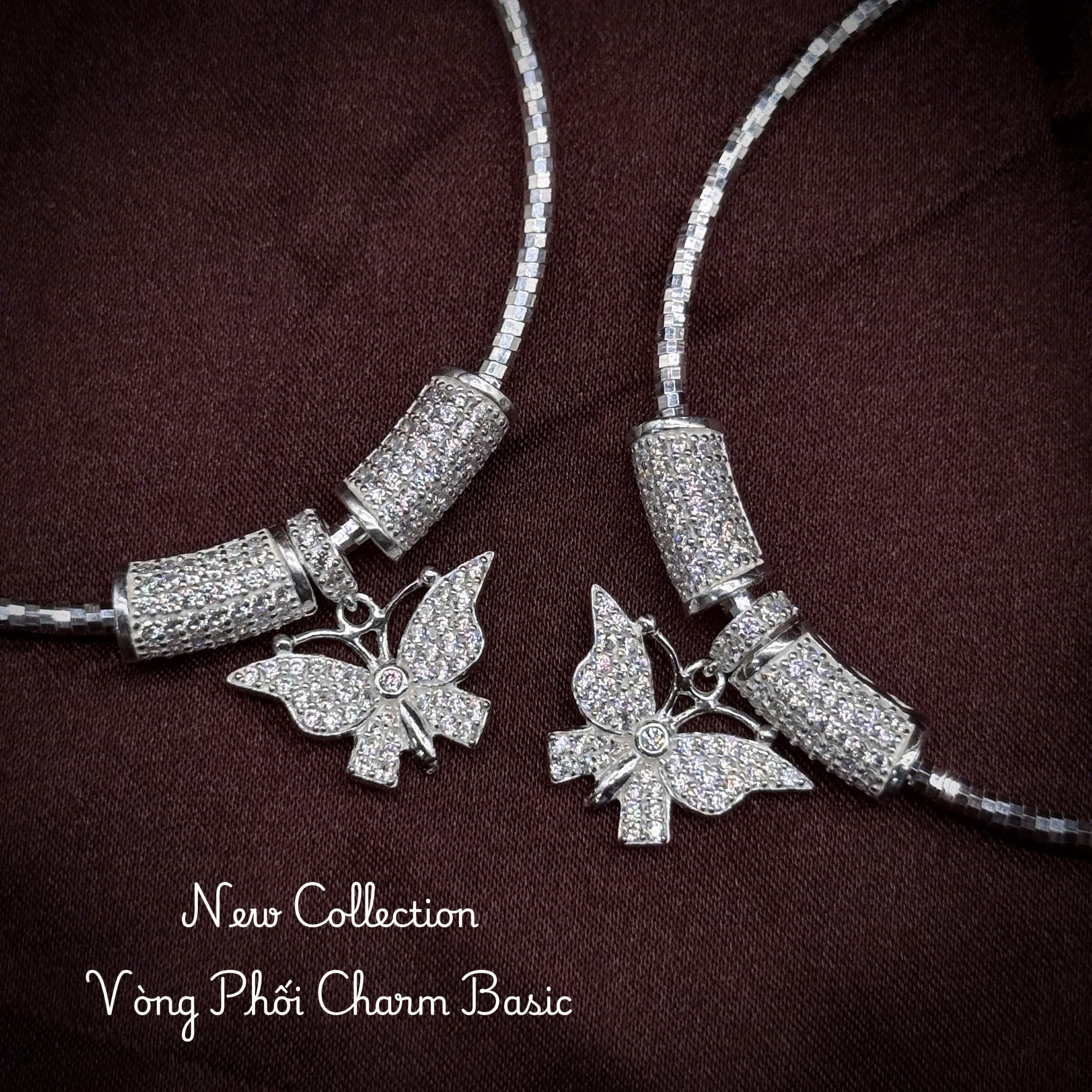 5 vòng tay bạc phối charm Basic cánh bướm với charm ống đính đá sáng đẹp