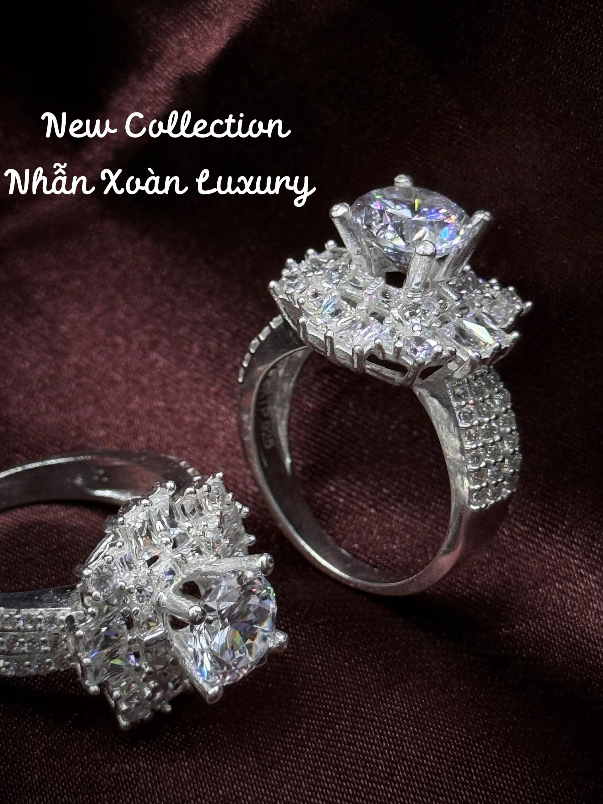 6 nhẫn bạc Xoàn Luxury cận đá chủ cao viền đá sáng