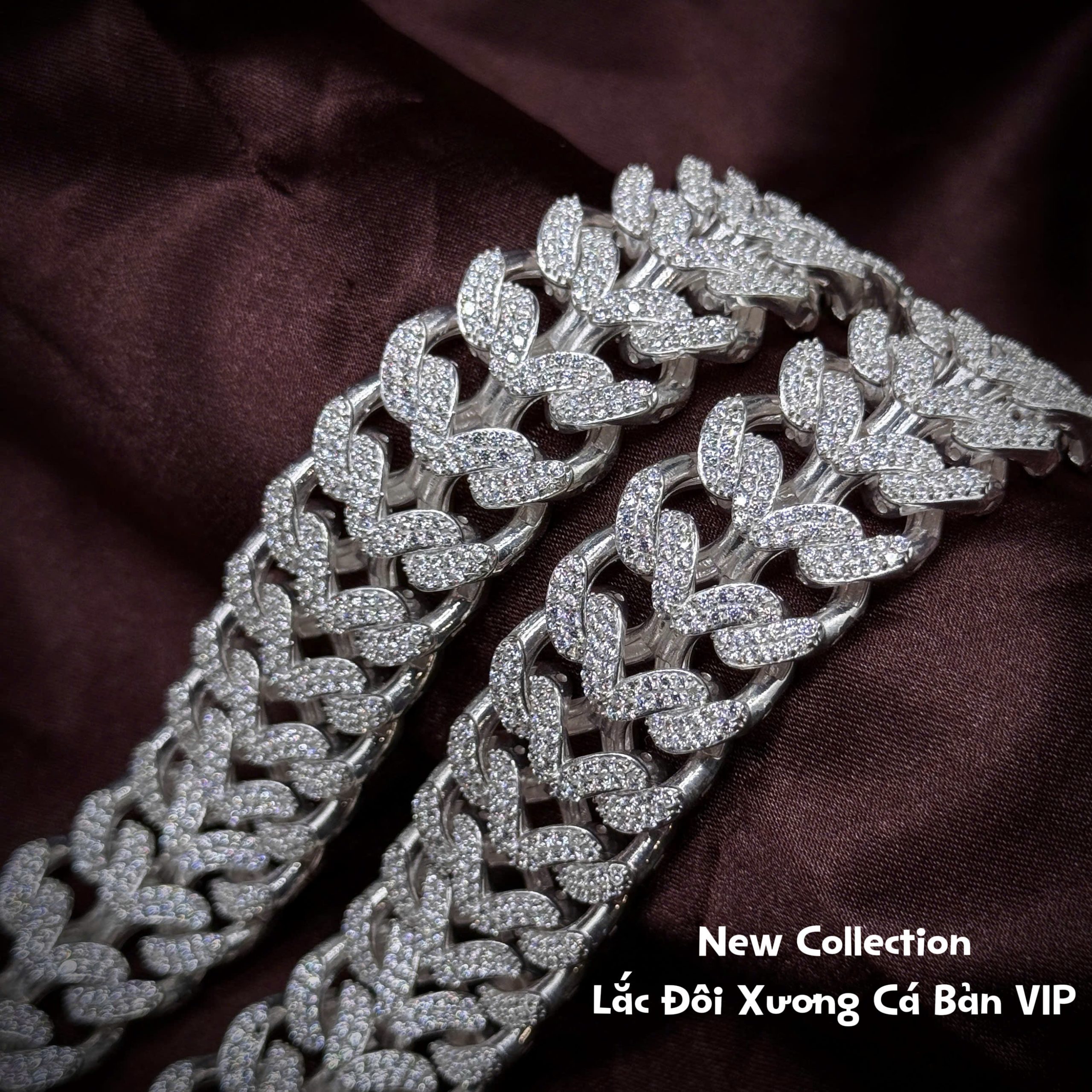 lắc tay bạc nam đôi xương cá bản VIP đính đá