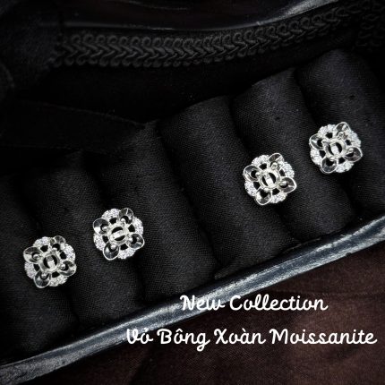 vỏ bông tai Moissanite hoa bốn cánh kép viền đá