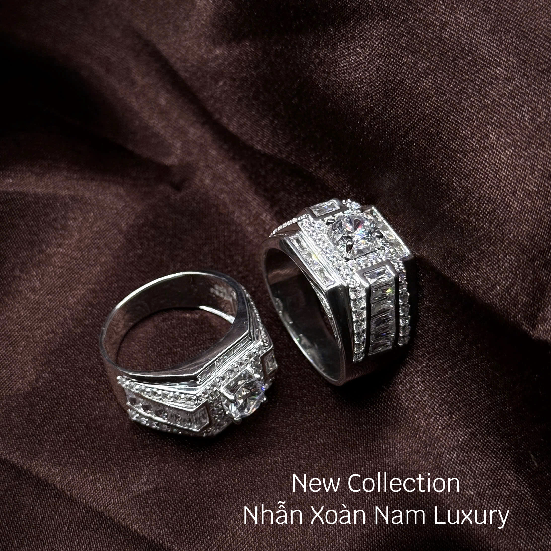 nhẫn bạc nam xoàn Luxury mặt vuông phối đá baguette