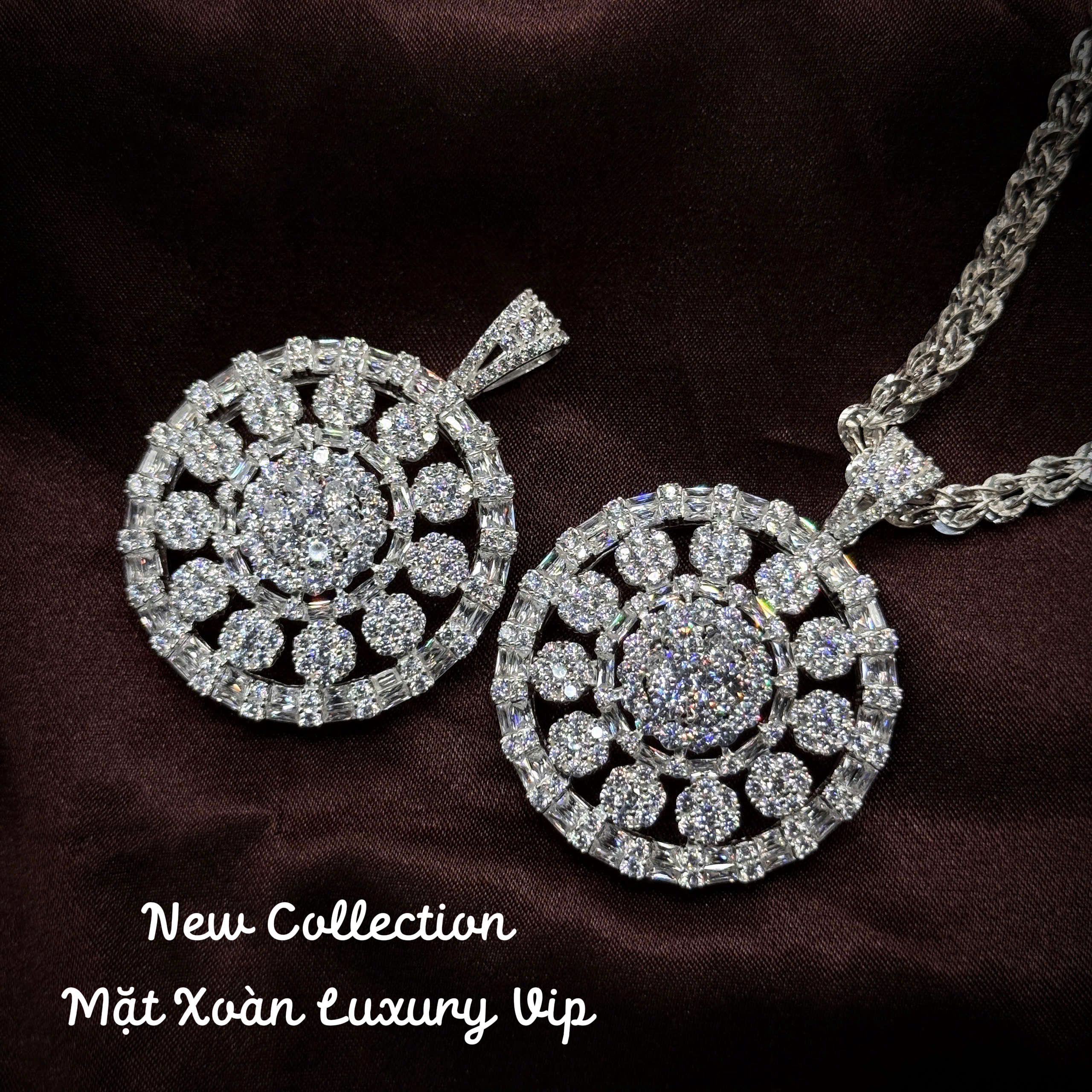 mặt dây chuyền bạc xoàn Luxury VIP dáng tròn hoa bi đính đá sang trọng