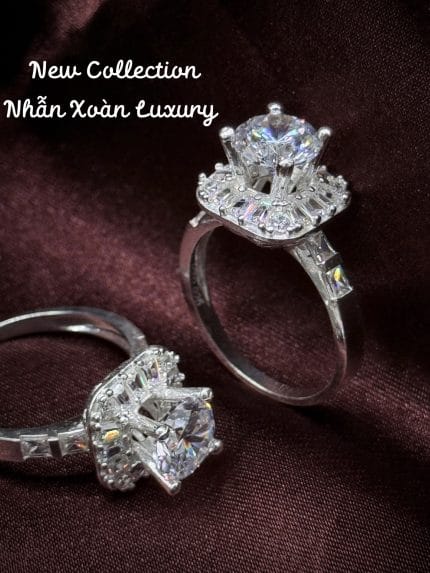 nhẫn bạc Xoàn Luxury cận đá chủ cao viền halo sang trọng
