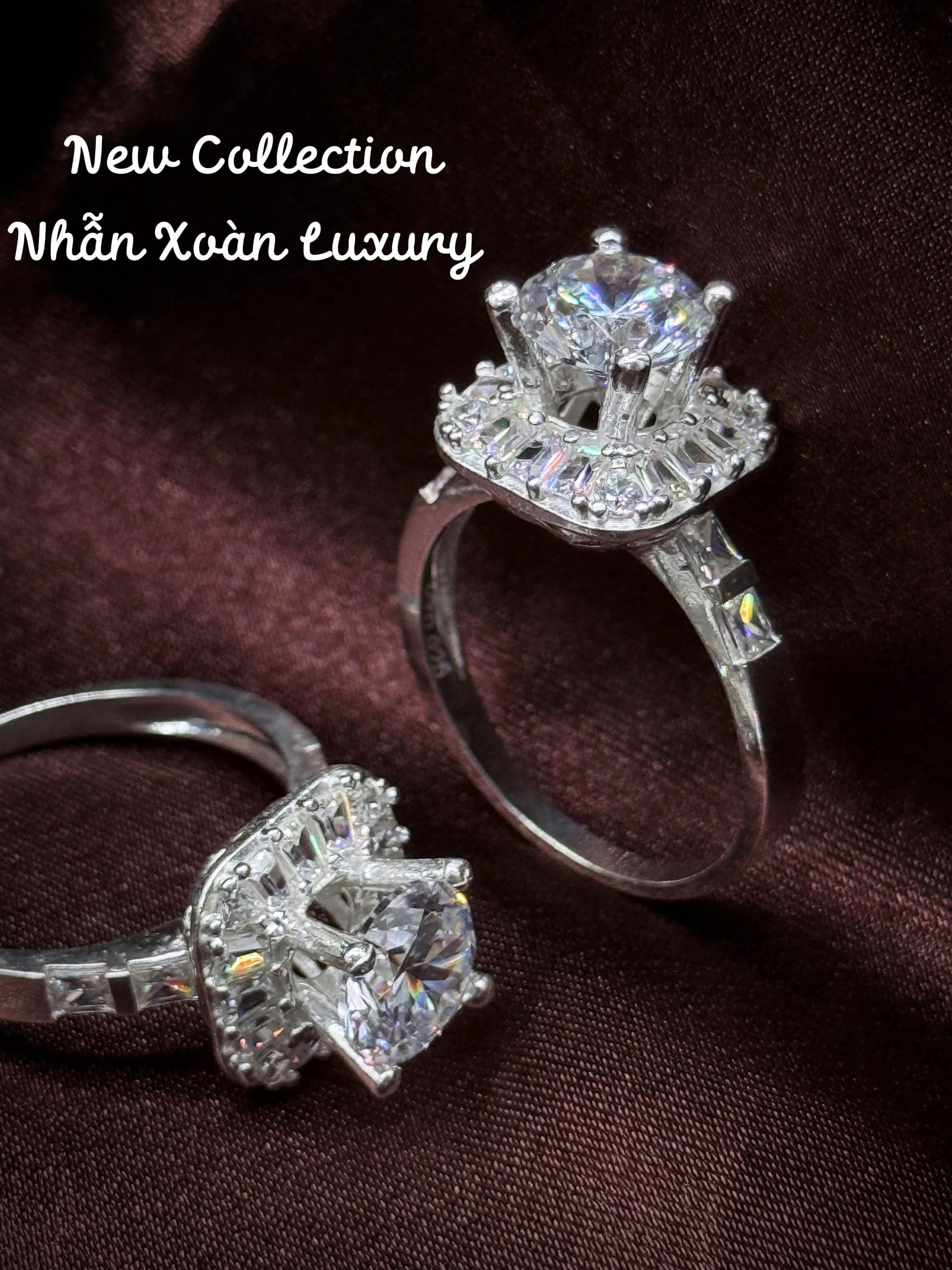 8 nhẫn bạc Xoàn Luxury cận đá chủ cao viền halo sang trọng
