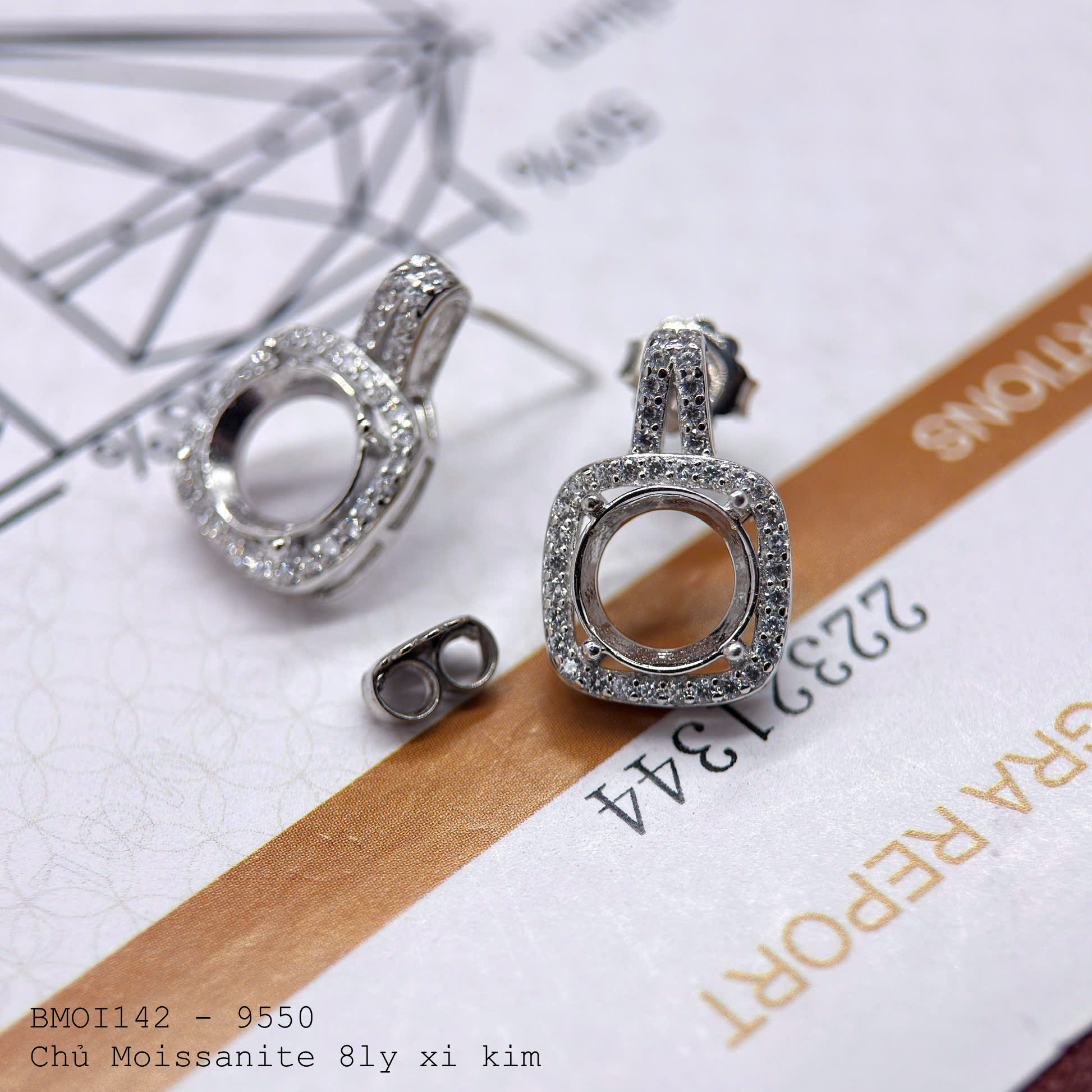 vỏ bông tai Moissanite 8ly xi kim