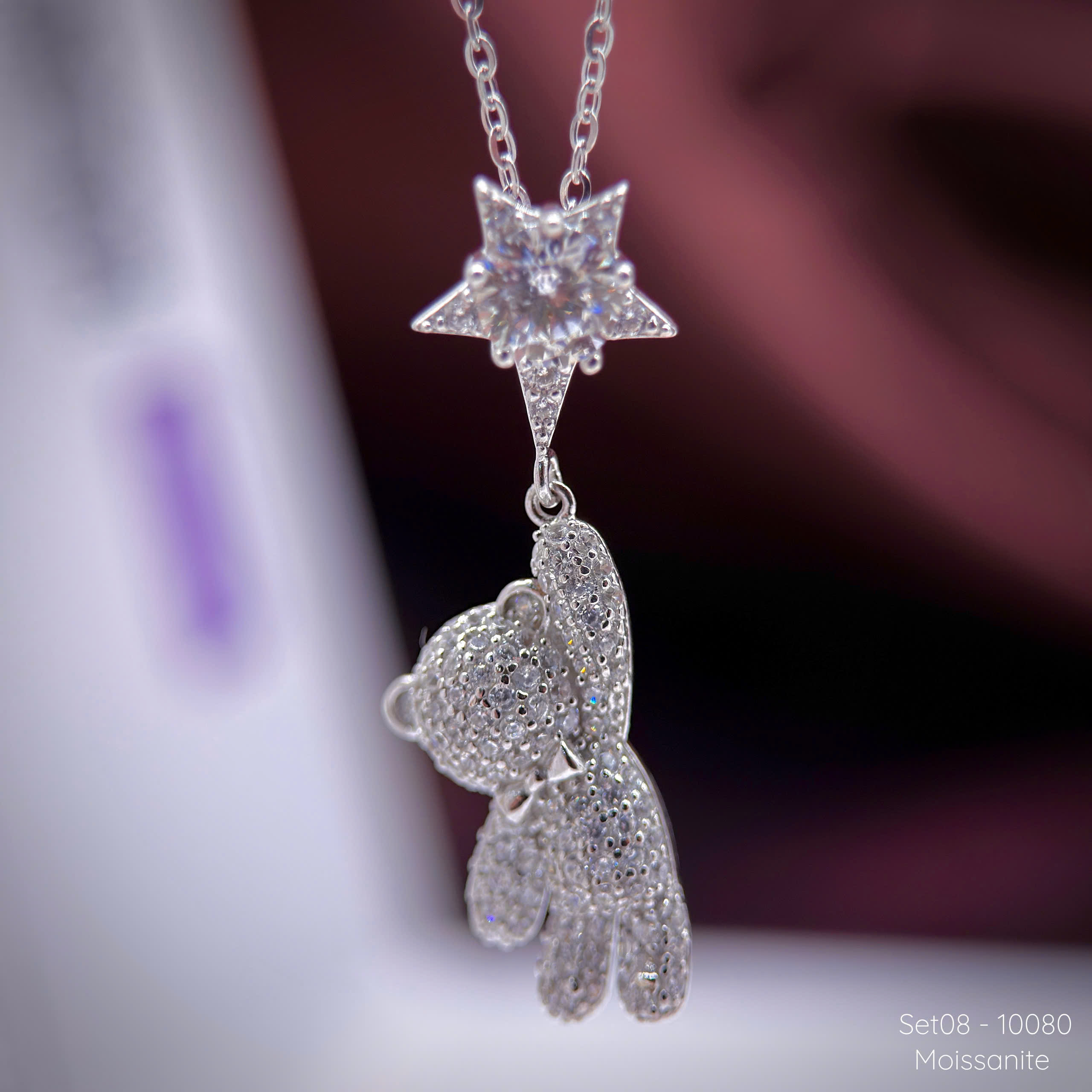 bộ trang sức bạc gấu bông Moissanite