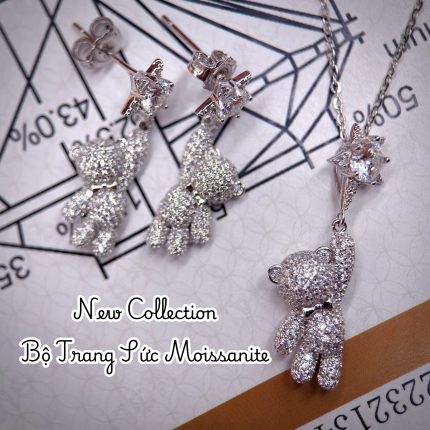 bộ trang sức bạc gấu bông Moissanite