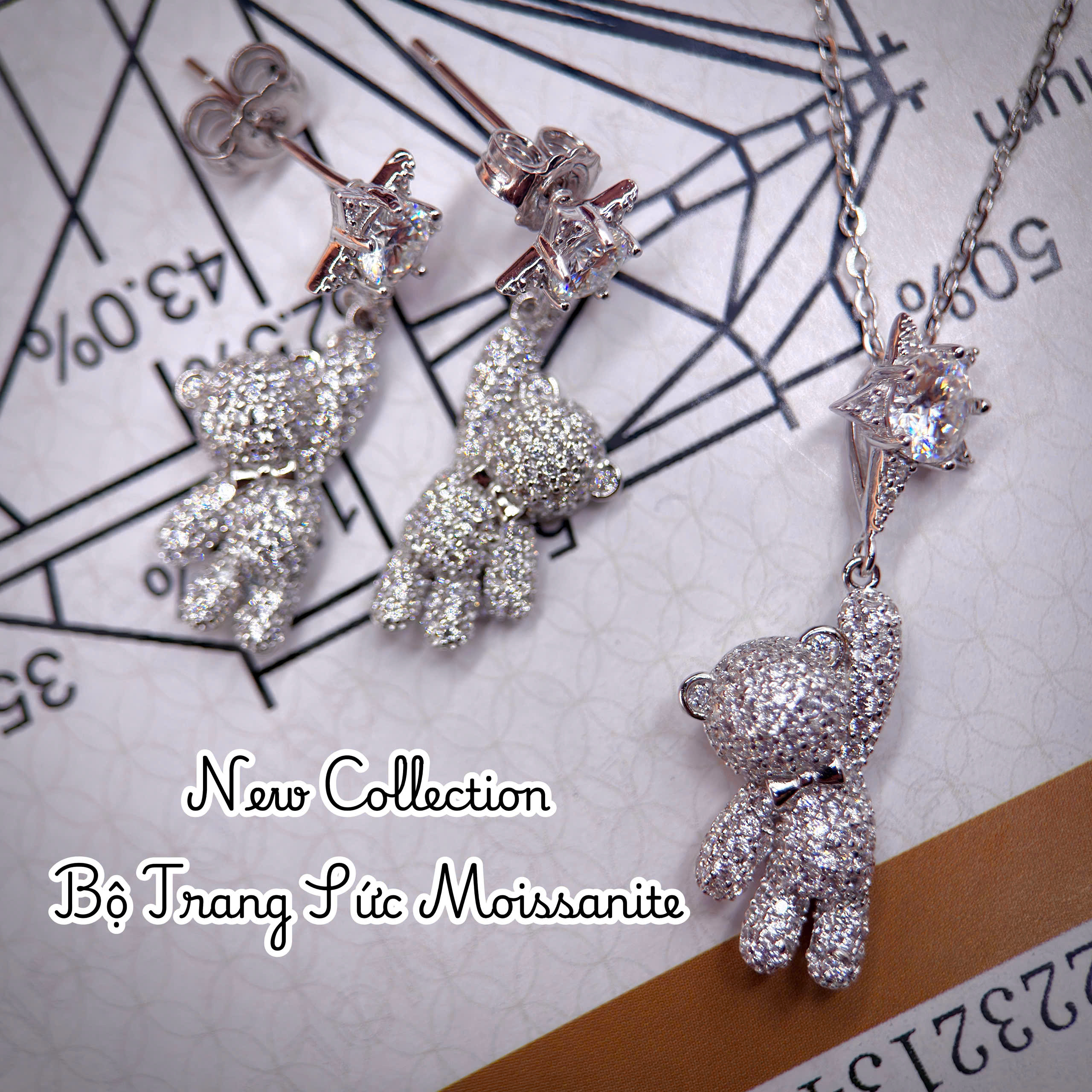 bộ trang sức bạc gấu bông Moissanite