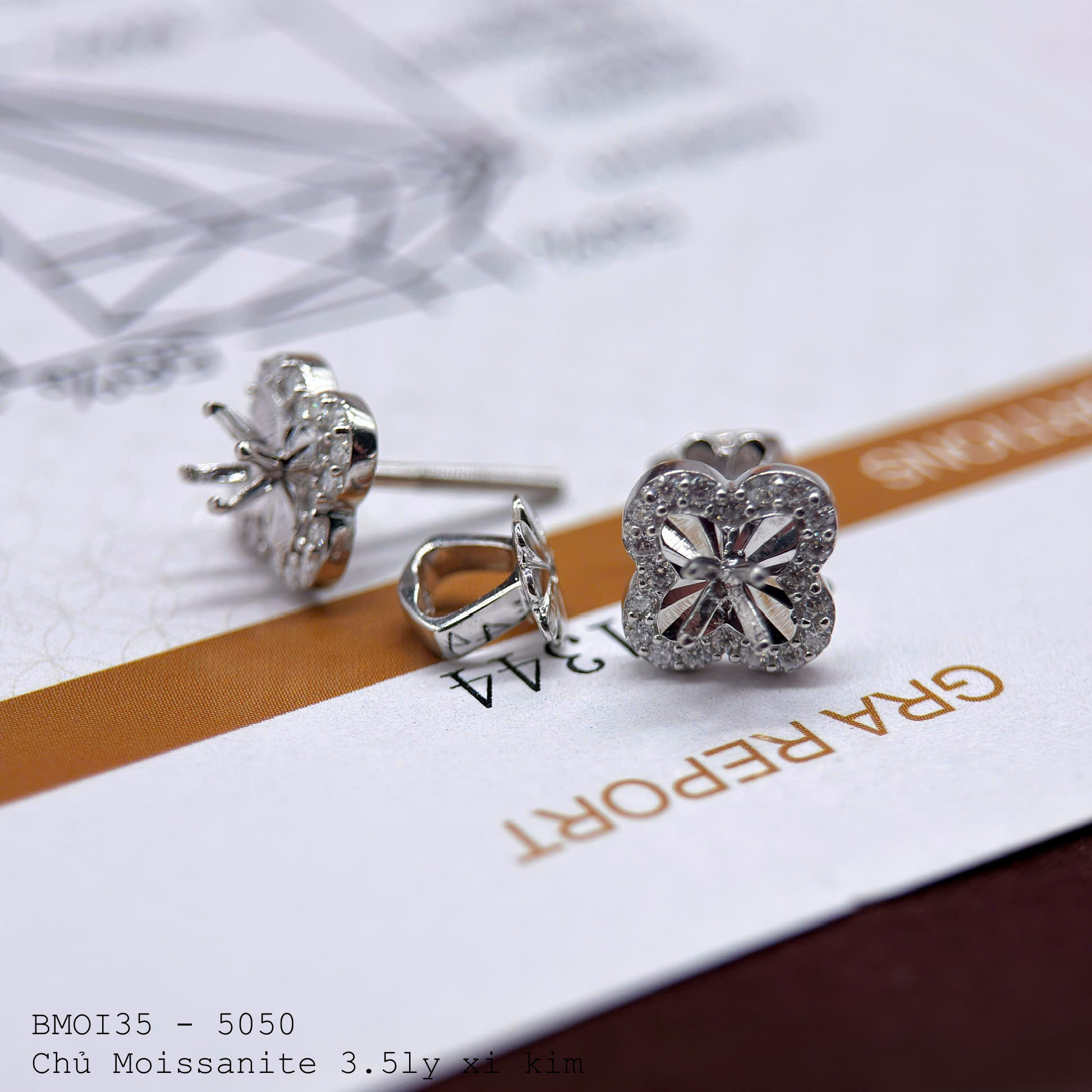 vỏ bông tai Moissanite 3.5ly xi kim