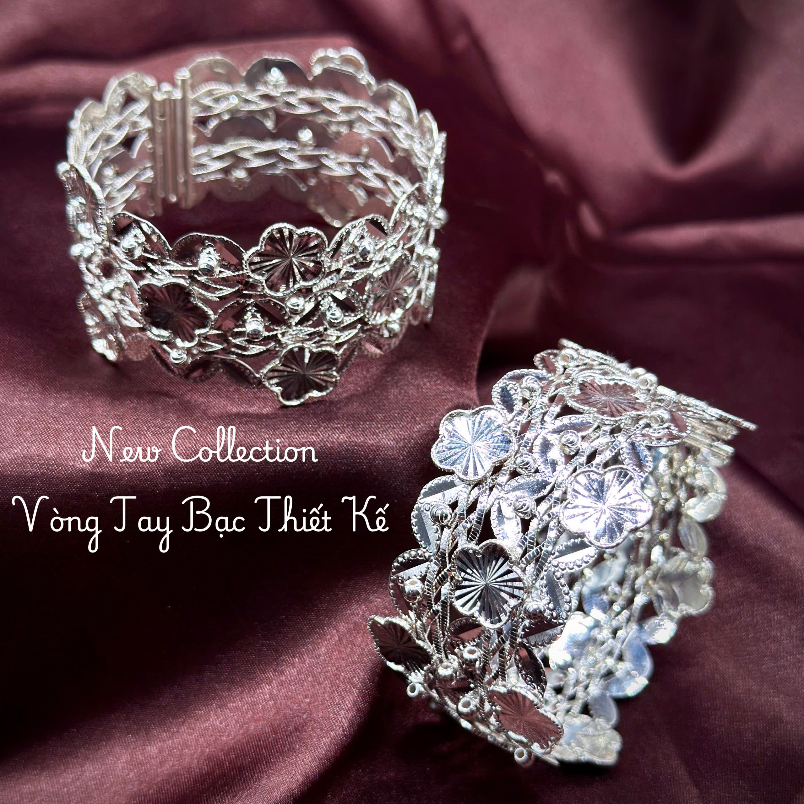 vòng tay bạc VONG135 hoa bốn cánh cắt tia bản rộng