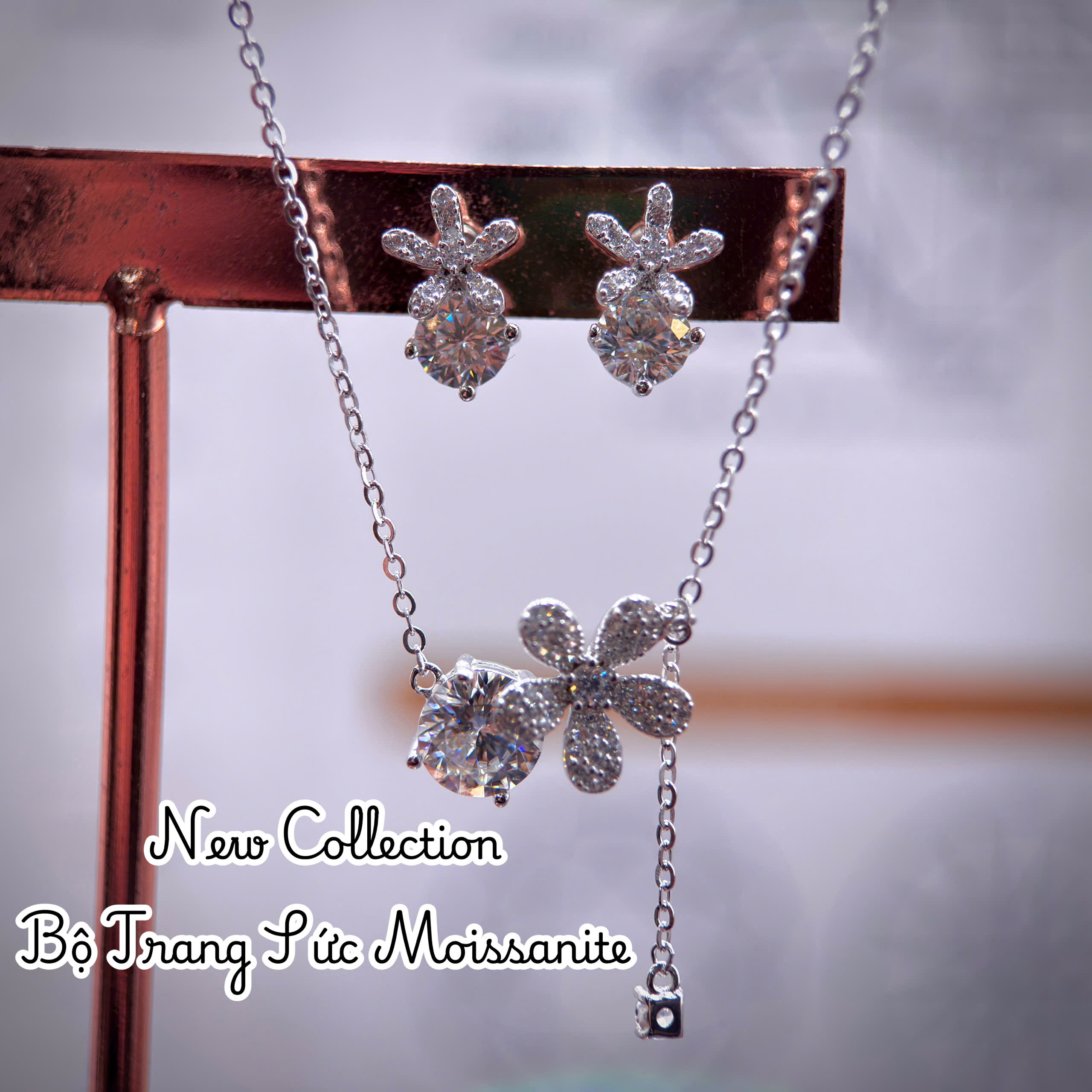 bộ trang sức bạc hoa 5 cánh Moissanite