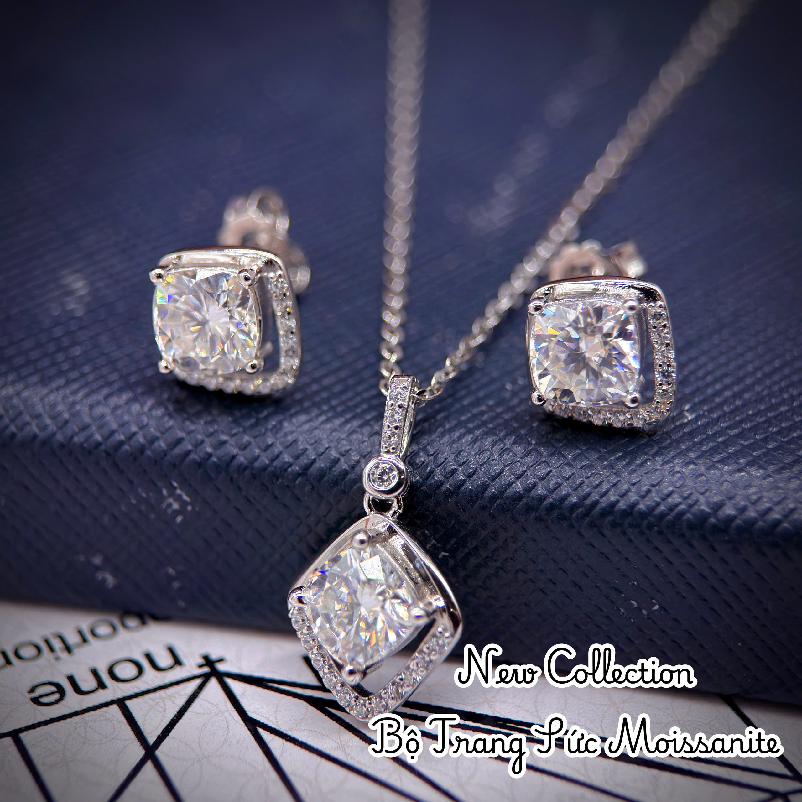 bộ trang sức bạc Moissanite vuông
