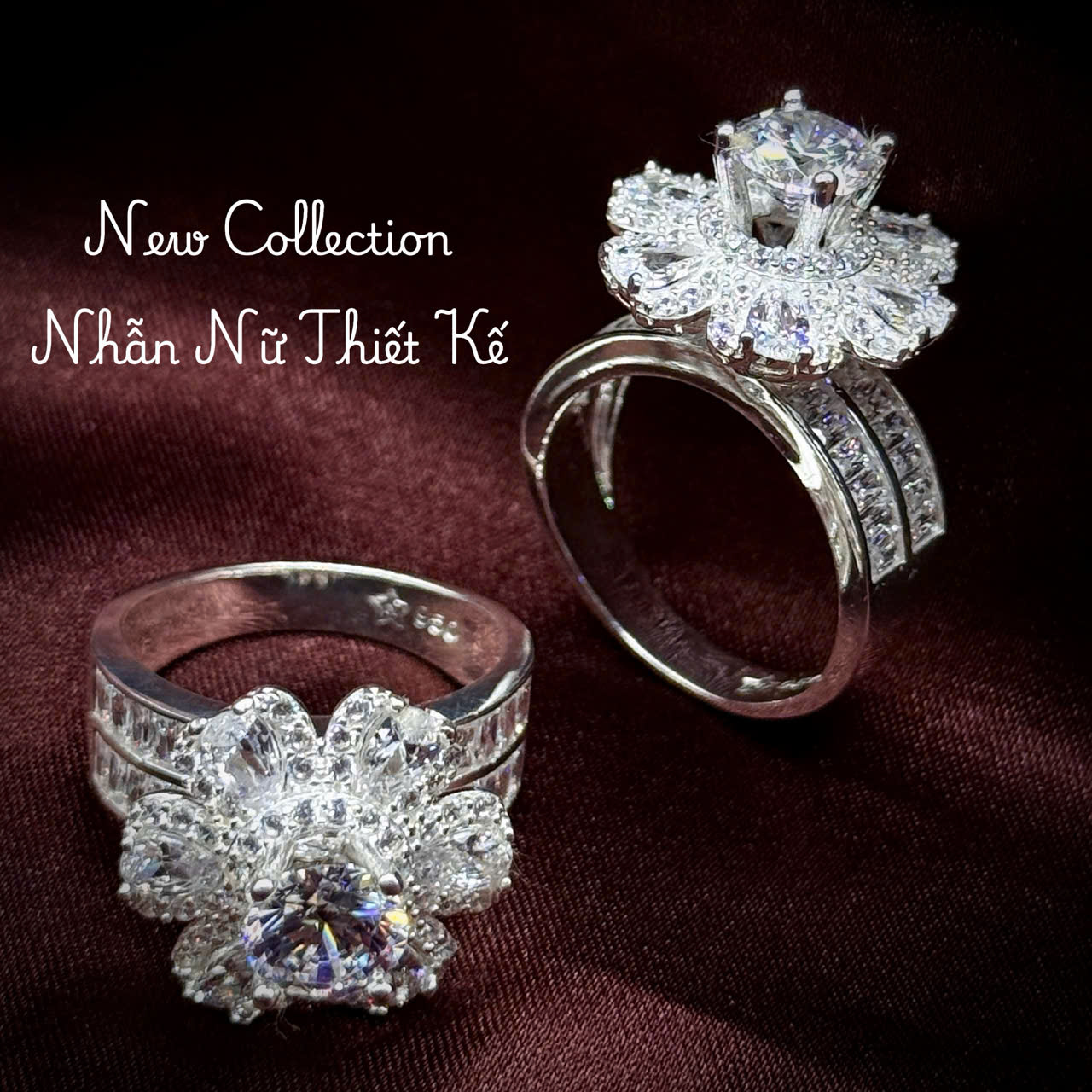 nhẫn bạc nữ đá chủ 7 ly viền hoa cánh đá