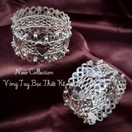 vòng tay bạc VONG07 họa tiết trái tim bản rộng