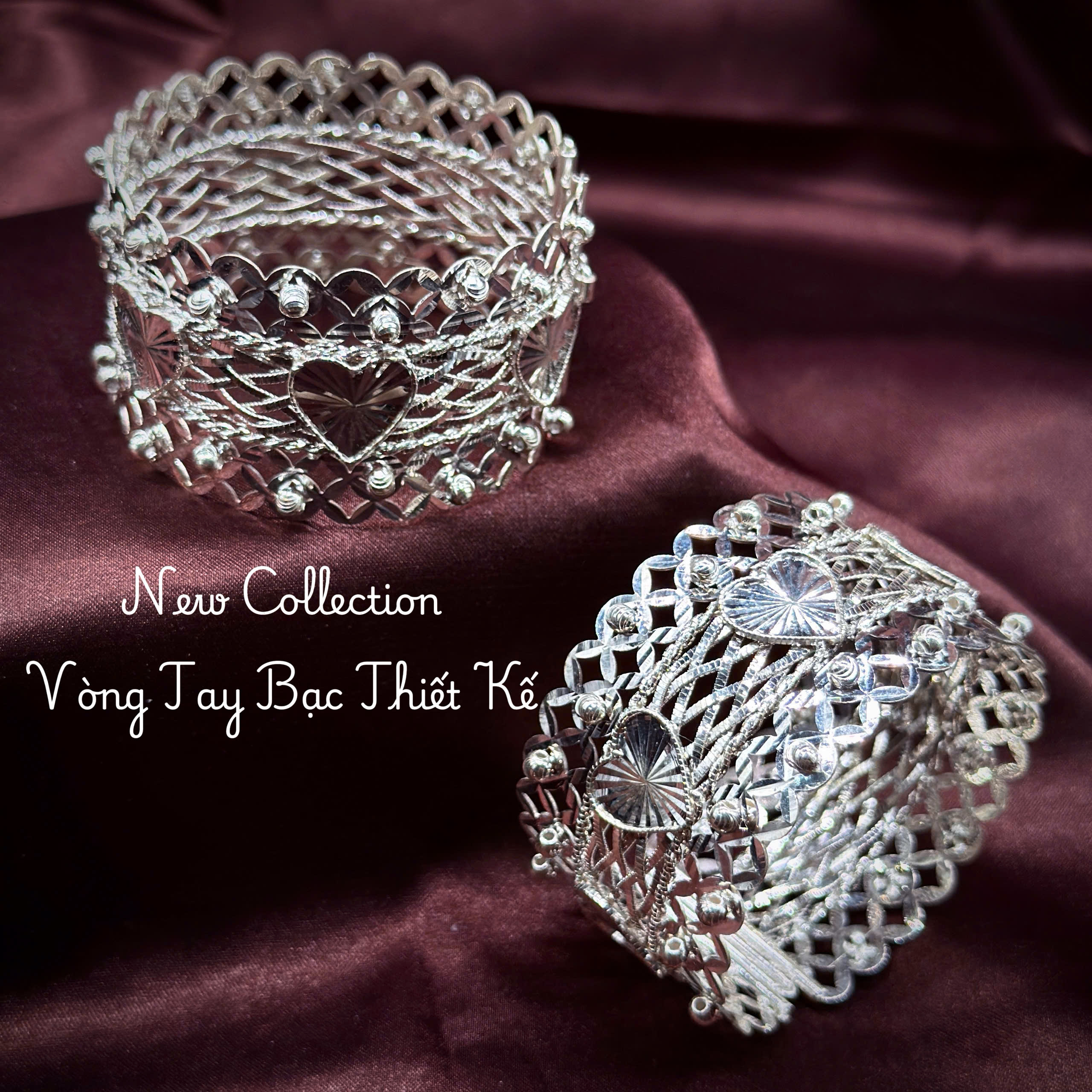 vòng tay bạc VONG07 họa tiết trái tim bản rộng