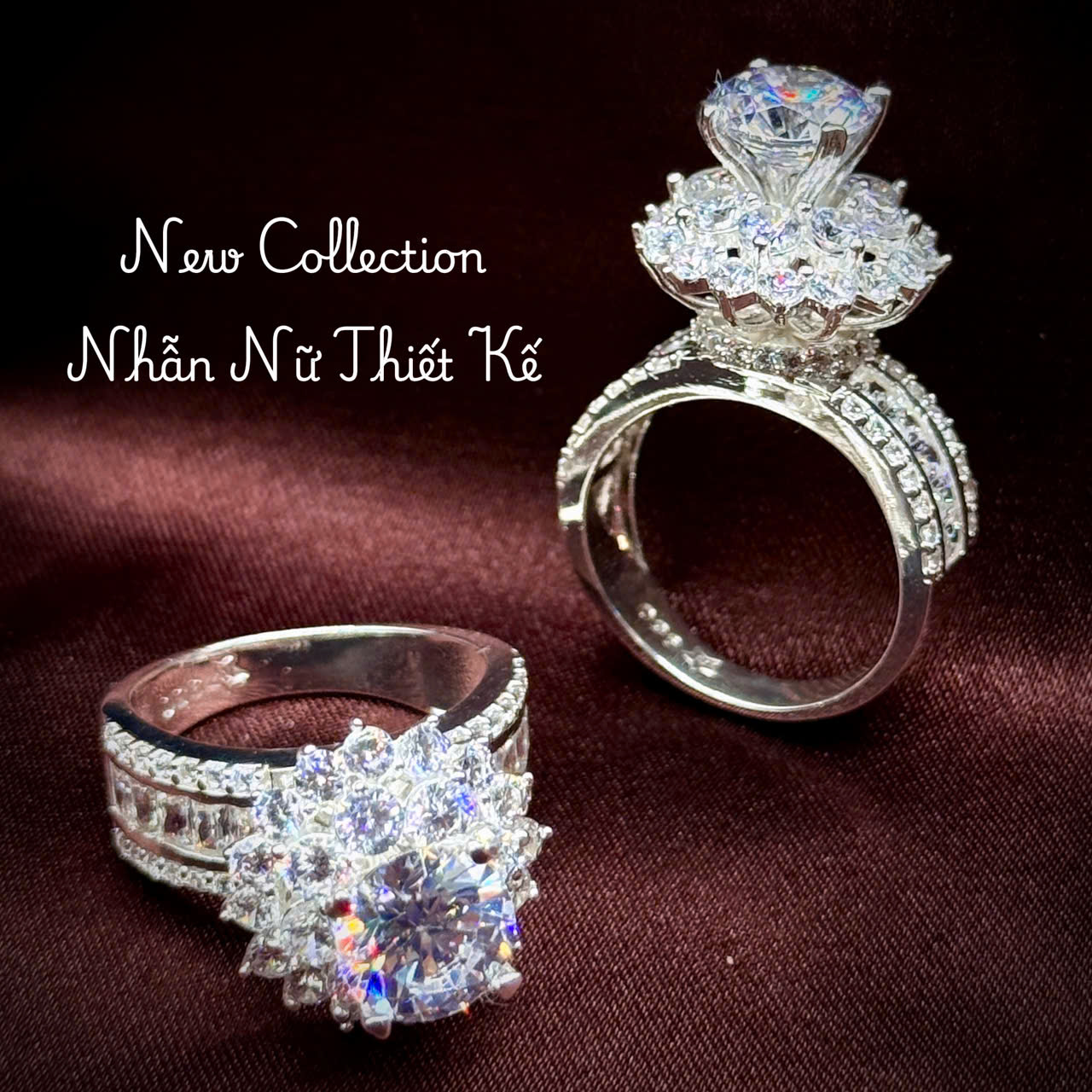 nhẫn bạc nữ đá chủ 8 ly viền hoa đa tầng