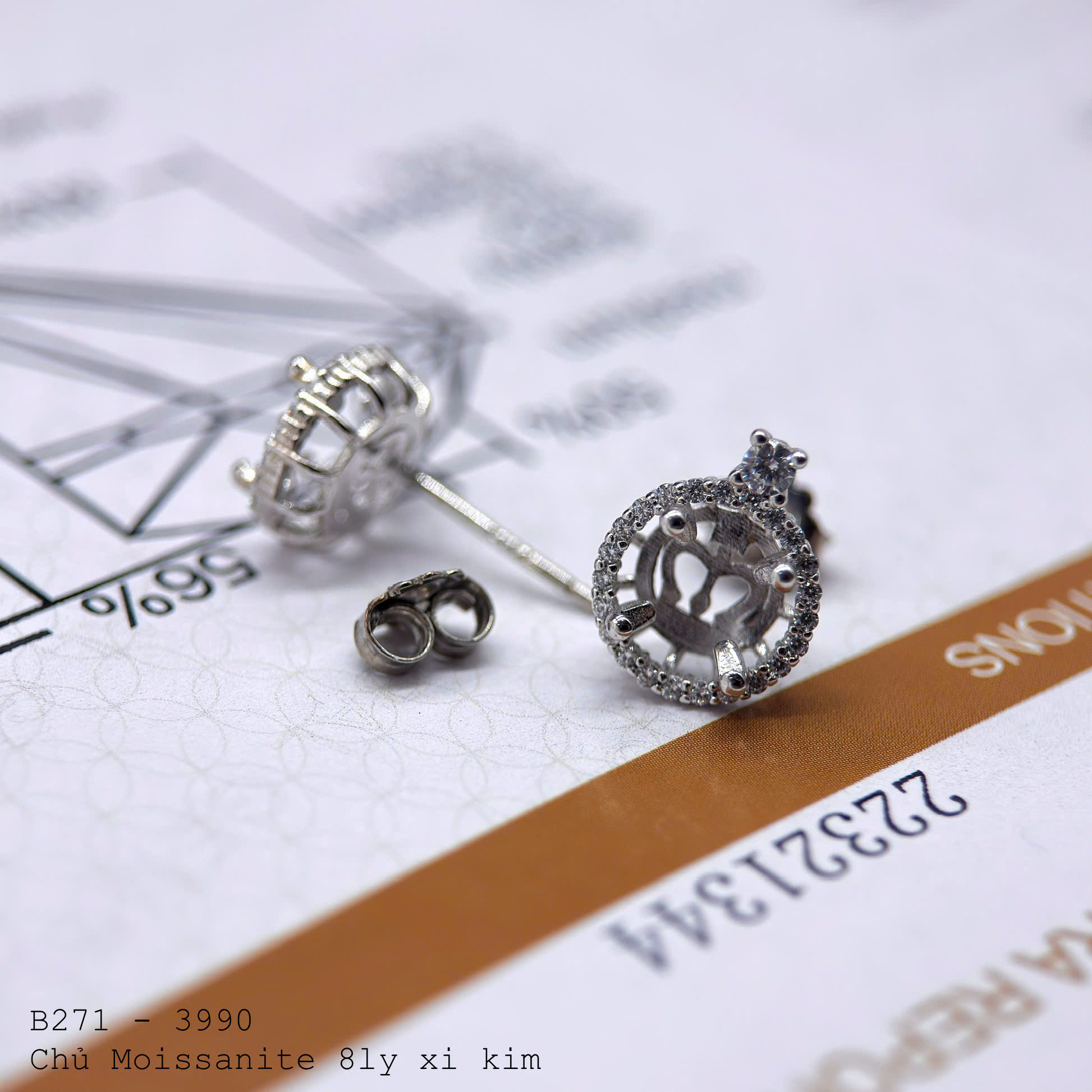 vỏ bông tai Moissanite 8ly xi kim