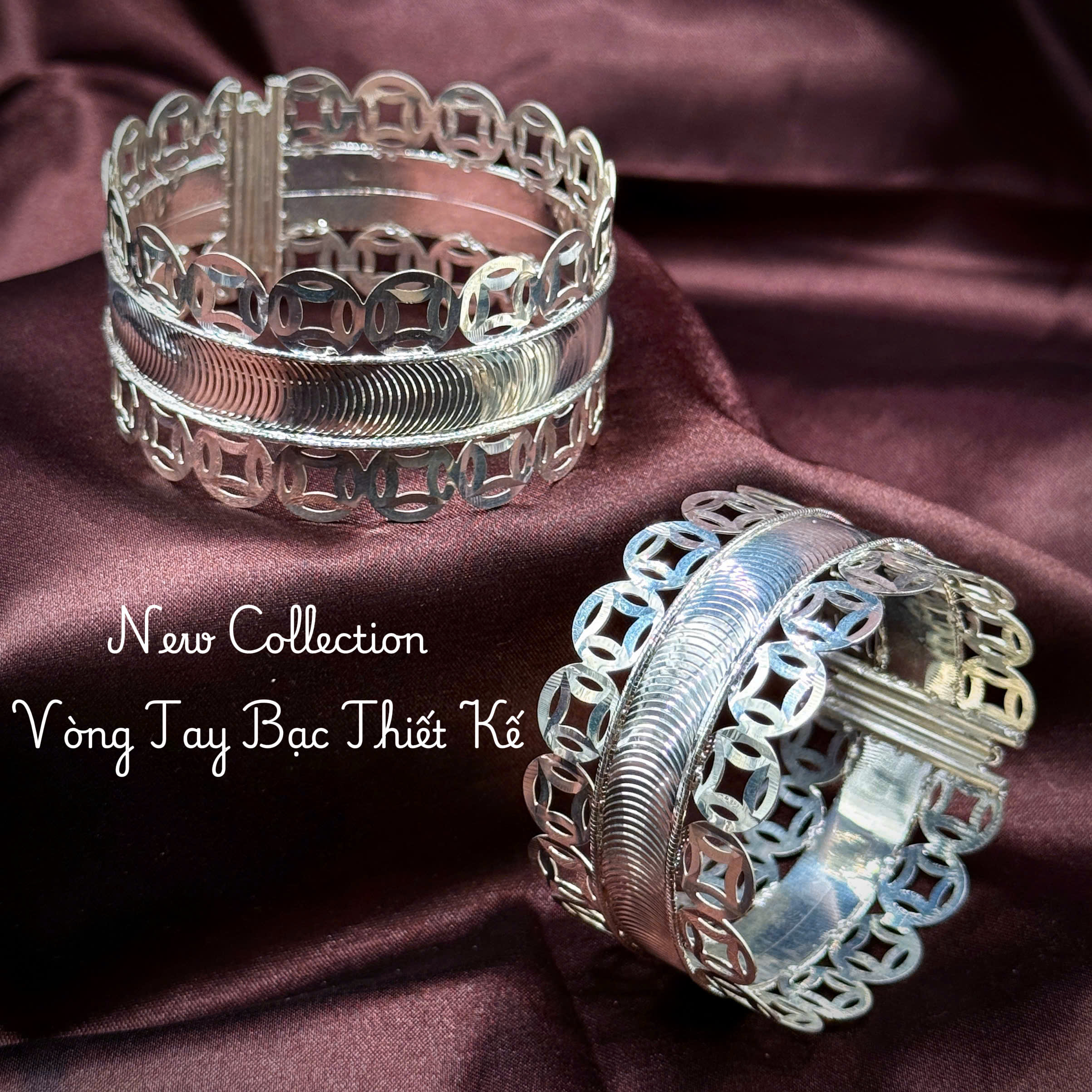 vòng tay bạc VONG49 bản rộng khắc vân hình học