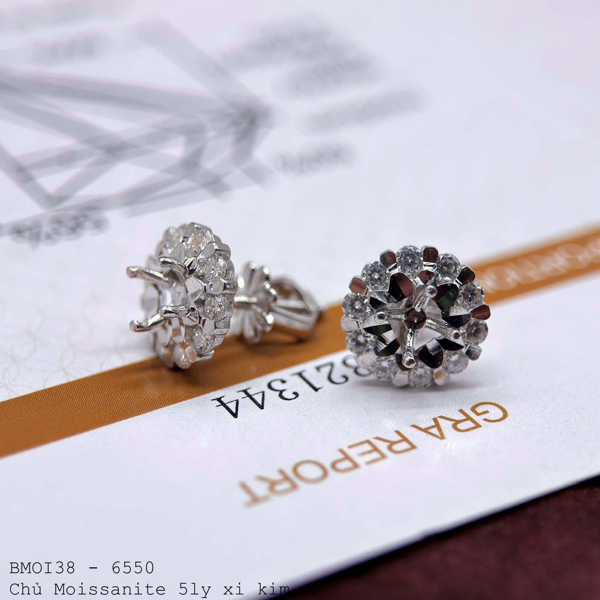 vỏ bông tai Moissanite 5ly xi kim